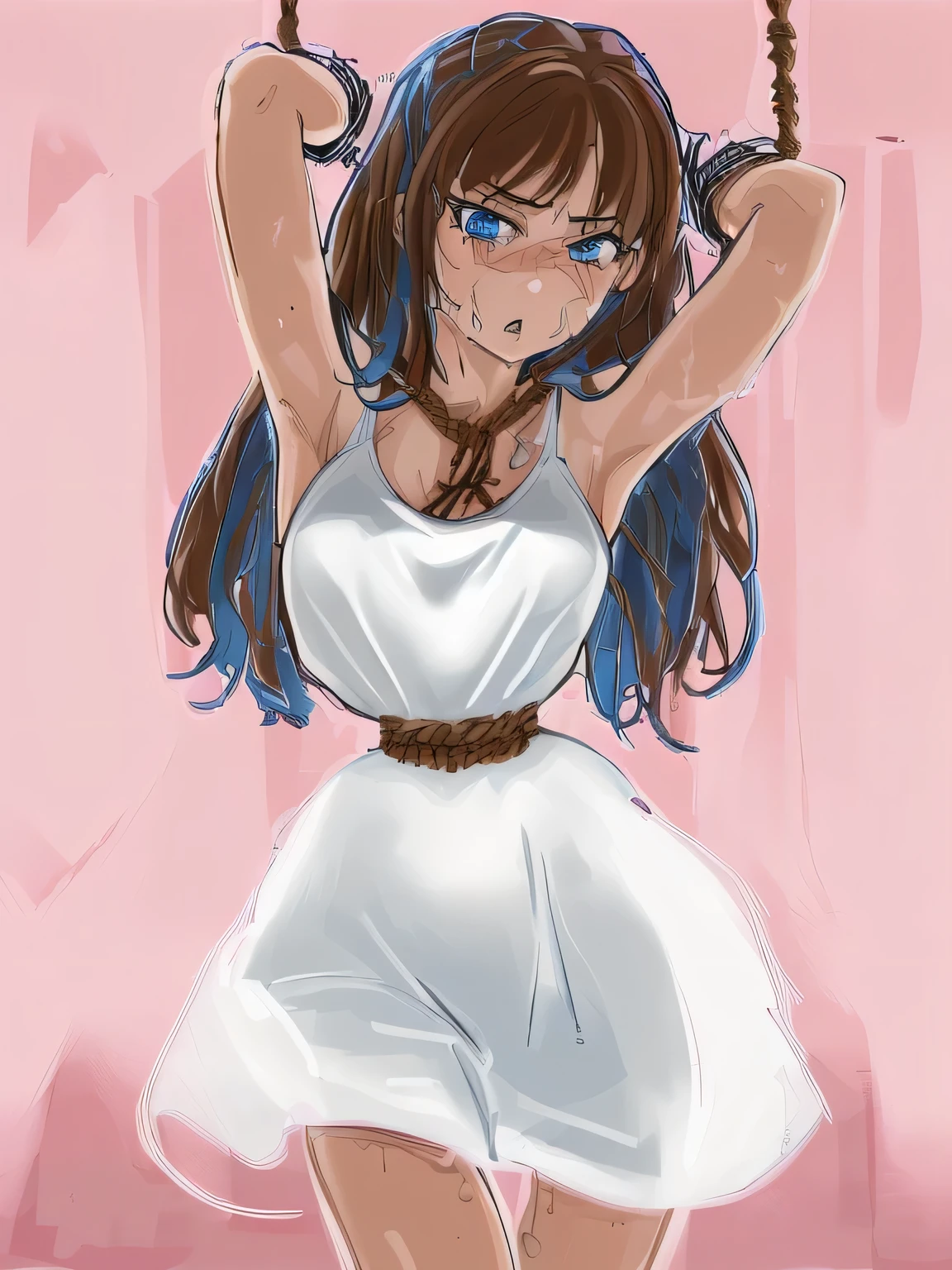 ((masterpiece)), ((highest quality)), (super detailed), torture chamber,(((Waist bound tightly with rope))),pretty girl, 1 girl, alone,white tank top one piece dress,beautiful brown hair, (beautiful blue eyes), long hair, expression of agony