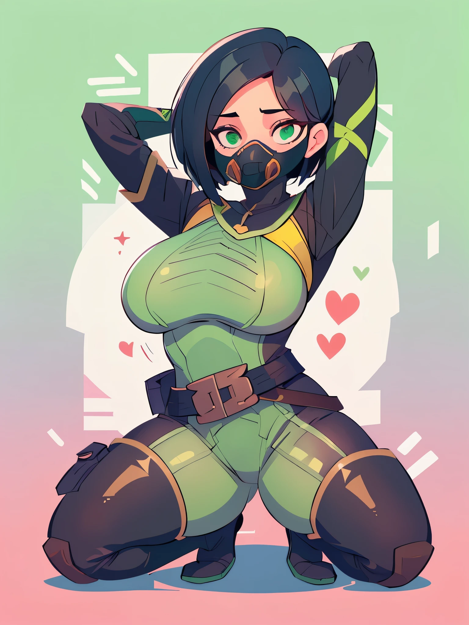 (Obra maestra, Mejor calidad:1.2), solo, 1 chica, valorantViper, respirator, seiza, arms behind head, Ojos verdes, mono, guantes, belt, botas hasta el muslo, sexy, big breasts 