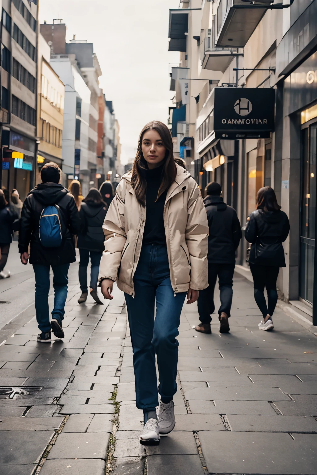 People wearing long down jackets walking on the street