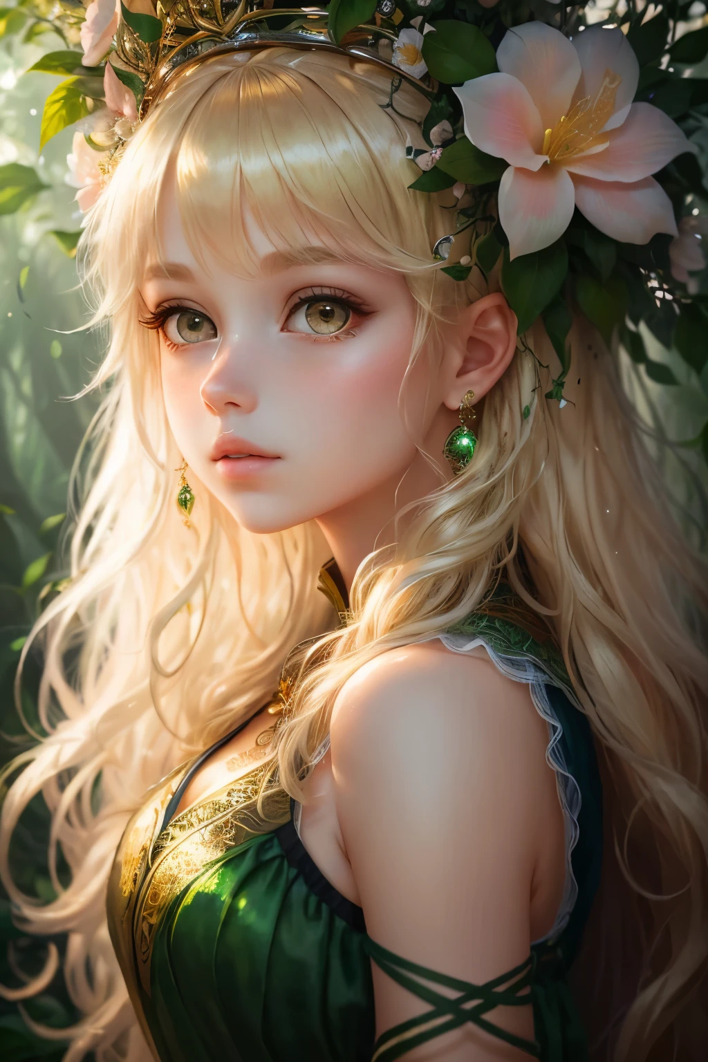 ((masterpiece)), ((best quality)), 8k, high detailed, ultra-detailed, This stunning artwork features a beautiful girl with flowing yellow hair. Every strand of her hair is meticulously rendered, showcasing the highest level of detail and realism. The girl's enchanting features are brought to life with lifelike texture and vibrant colors, making her appear as if she could step right out of the image. The background is a lush jungle, with thick fog rolling through the emerald greenery, creating an ethereal and mysterious atmosphere. Magical lighting filters through the canopy, casting a mesmerizing glow on the girl's face and illuminating the vibrant crown of flowers adorning her head. This CG unity wallpaper is a true work of art, with