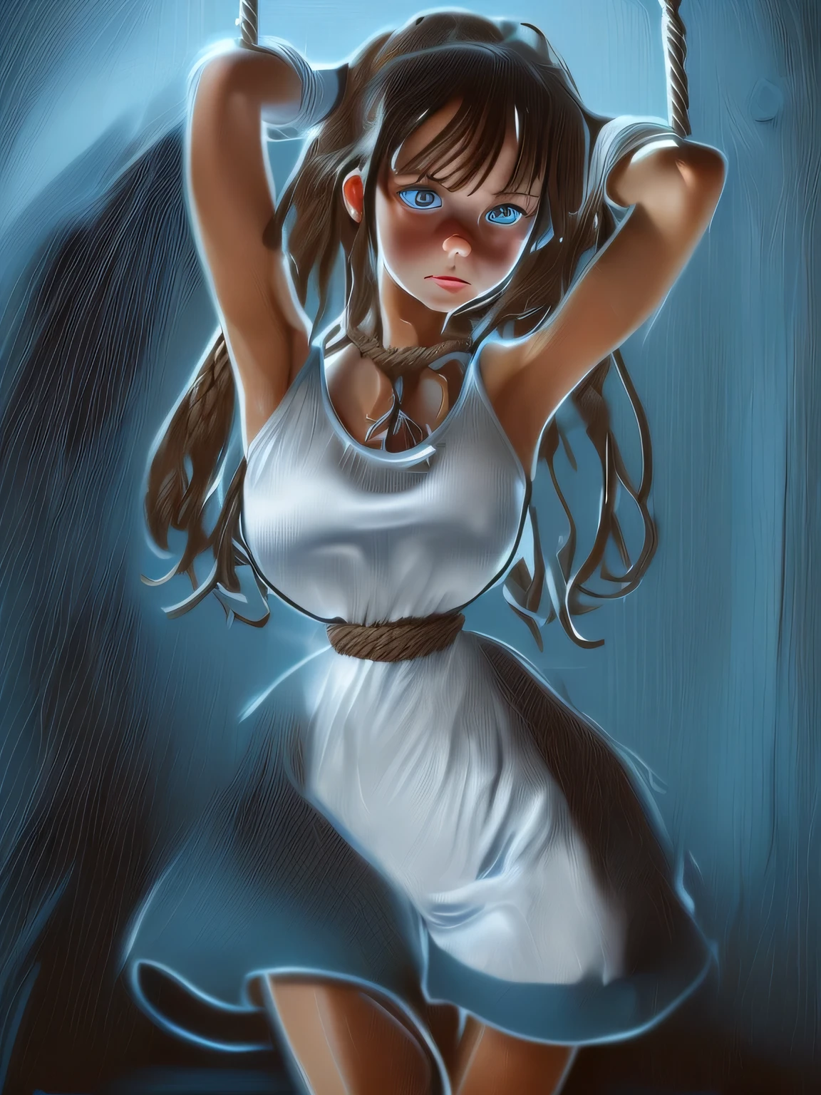 ((masterpiece)), ((highest quality)), (super detailed), torture chamber,(((Waist bound tightly with rope))),pretty girl, 1 girl, alone,white tank top one piece dress,beautiful brown hair, (beautiful blue eyes), long hair, expression of agony