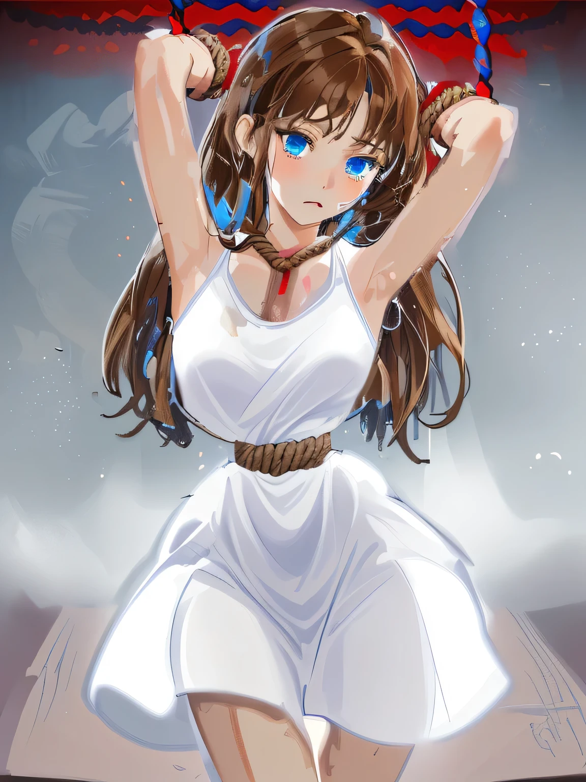 ((masterpiece)), ((highest quality)), (super detailed), torture chamber,(((Waist bound tightly with rope))),pretty girl, 1 girl, alone,white tank top one piece dress,beautiful brown hair, (beautiful blue eyes), long hair, expression of agony