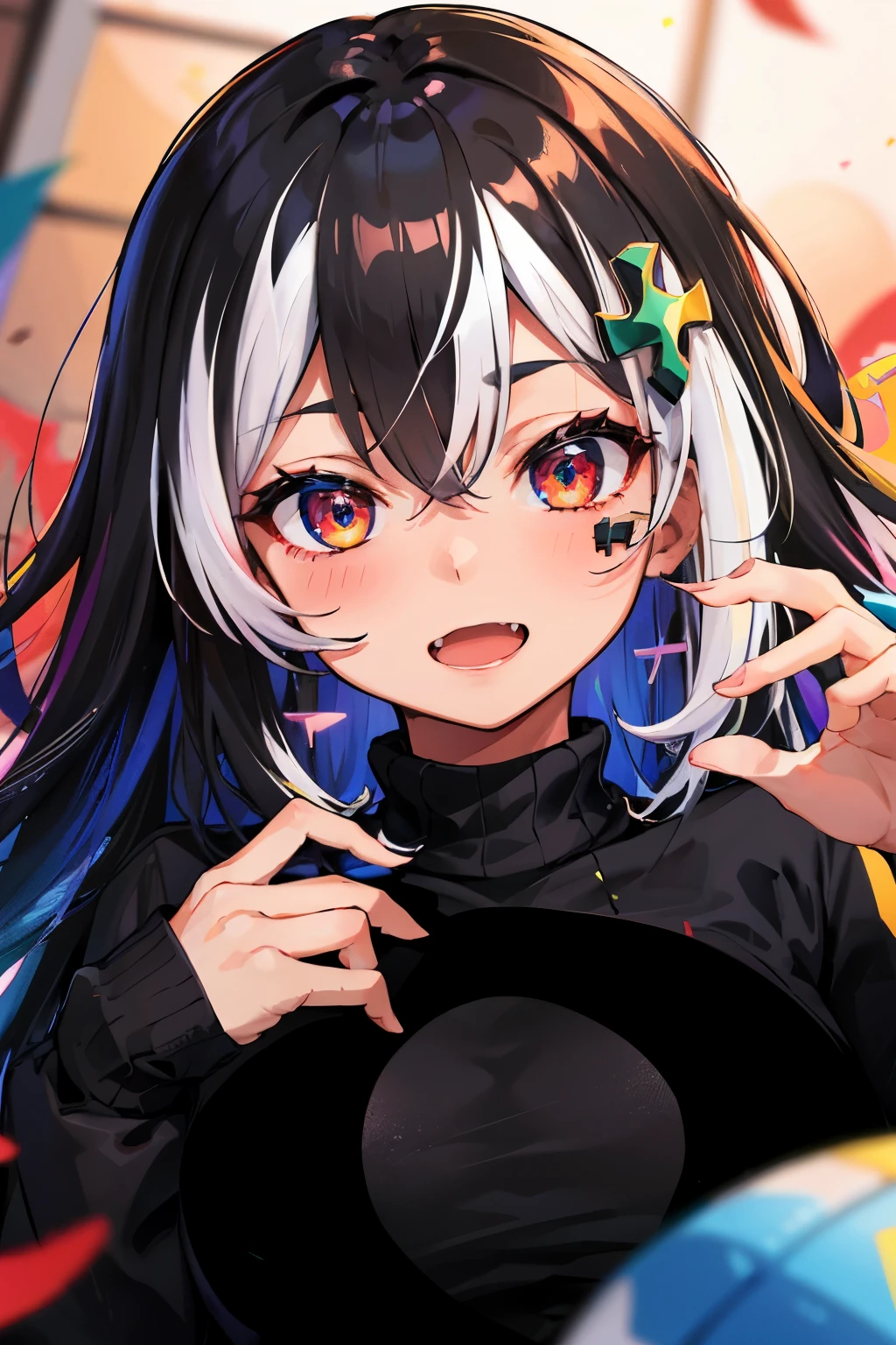 masterpiece, high quality, highres, absurdres, ultra-detailed, 8k, 1girl, platinum grey hair, blue hair, multicolored hair, gradient hair, looking at viewer, red glowing eyes, black turtleneck sweater, (school background:1.15), brilliant colorful paintings, bloom, portrait, cross hair ornament, open mouth, showing fang, (close-up:1.2), from above