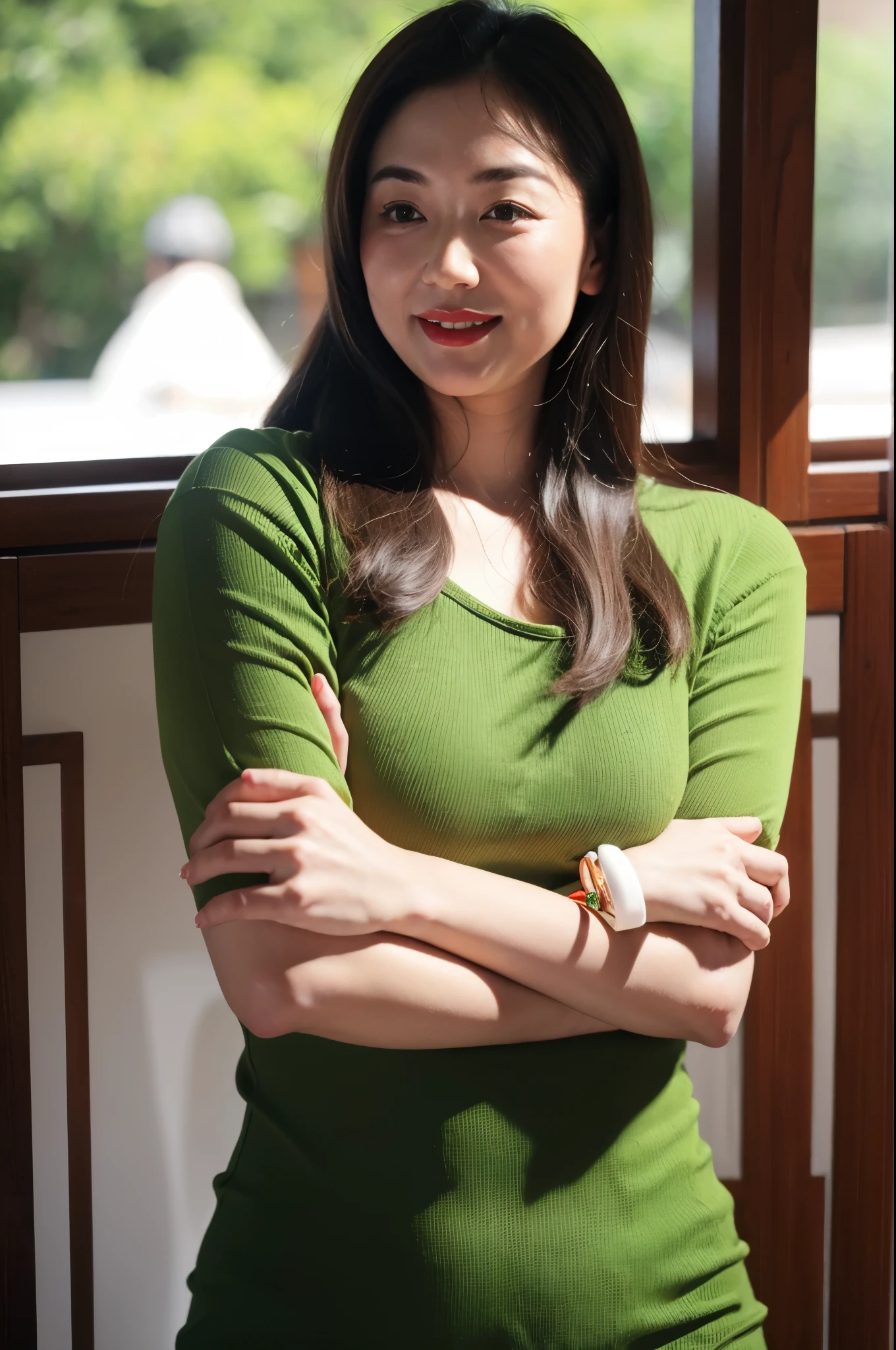Draw lips correctly, red lipstick, from chest up, best quality, Super detailed, lifelike, Super fine skin, perfect anatomy, (1 日本Mature的女人), (alone),Wear a green crewneck dress,short sleeve,wavy long hair,37-year-old female,Mature,charming smile,garden background,stand,Slightly fat,medium chest,full-body shot。
