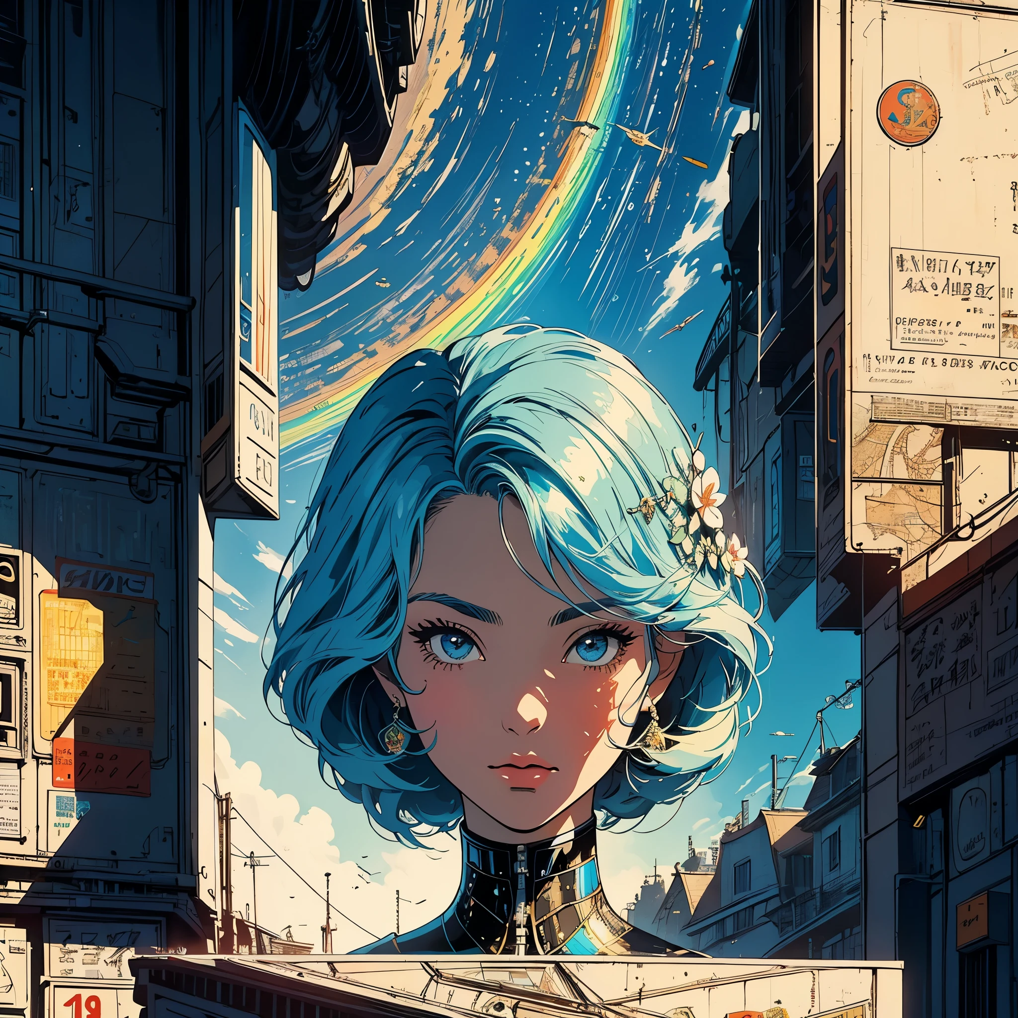 (masterpiece, highest quality), 32k,(A very detailed beautiful woman), poster,science fiction,1960s,1970s,bauhaus, shape, OK, abstract, propaganda,movie poster, vintage,retro,futuristic,anime,ultimate map,Perfect rainbow,highlight,angle from belowgolden hair,