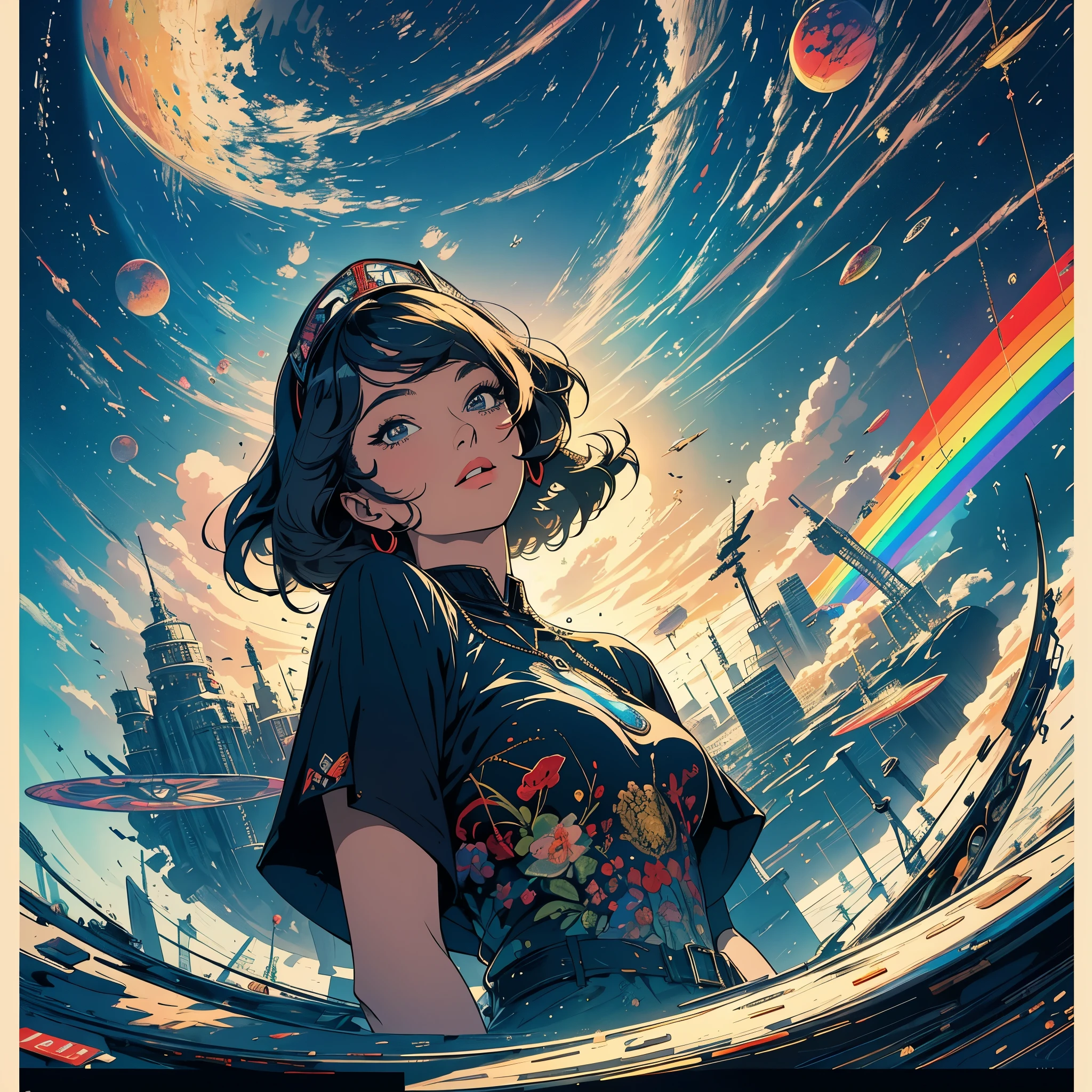 (masterpiece, highest quality), 32k,(A very detailed beautiful woman), poster,science fiction,1960s,1970s,bauhaus, shape, OK, abstract, propaganda,movie poster, vintage,retro,futuristic,anime,ultimate map,Perfect rainbow,highlight,angle from belowgolden hair,