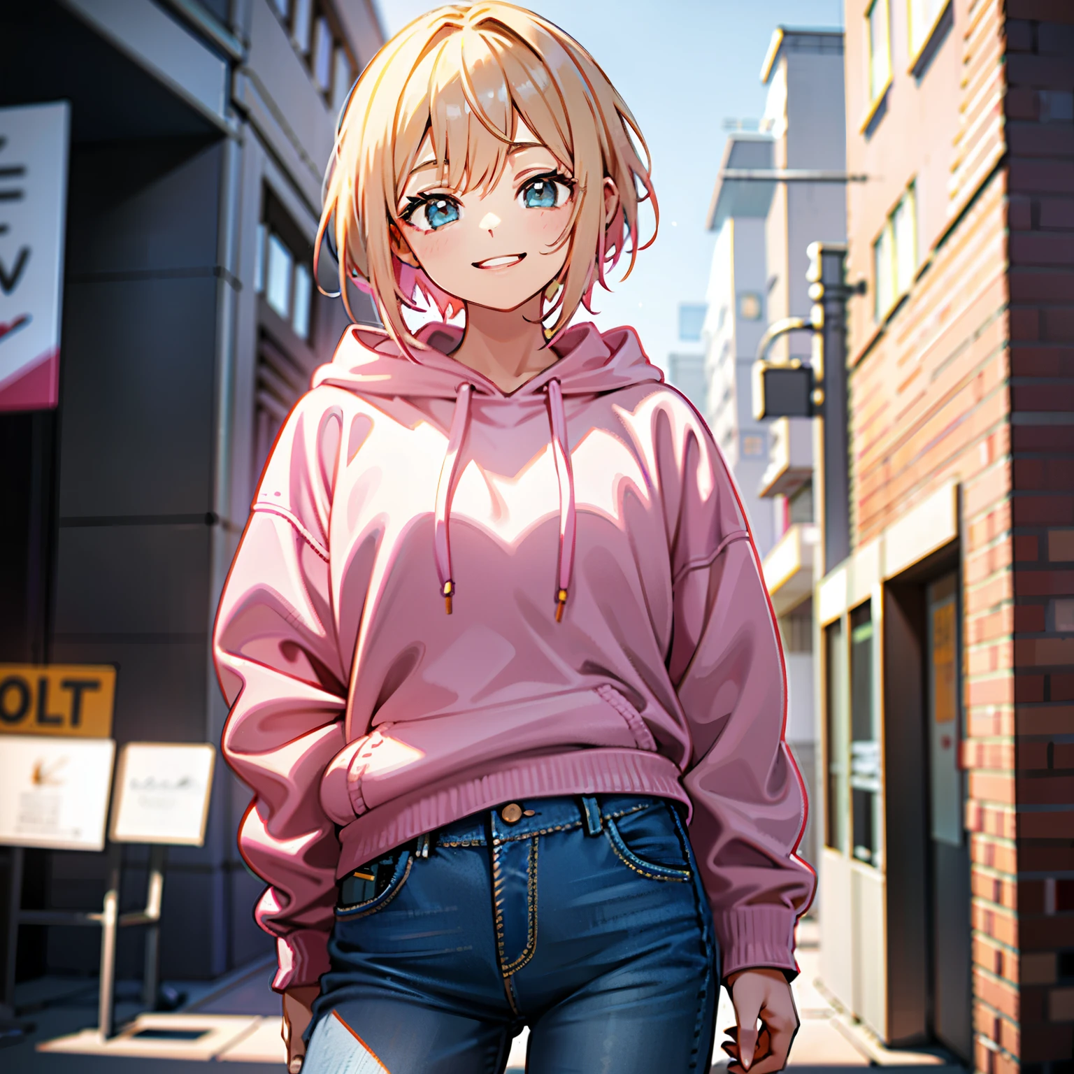 masterpiece, 1 girl, smile, pink hoodie, jeans, short blonde hair,