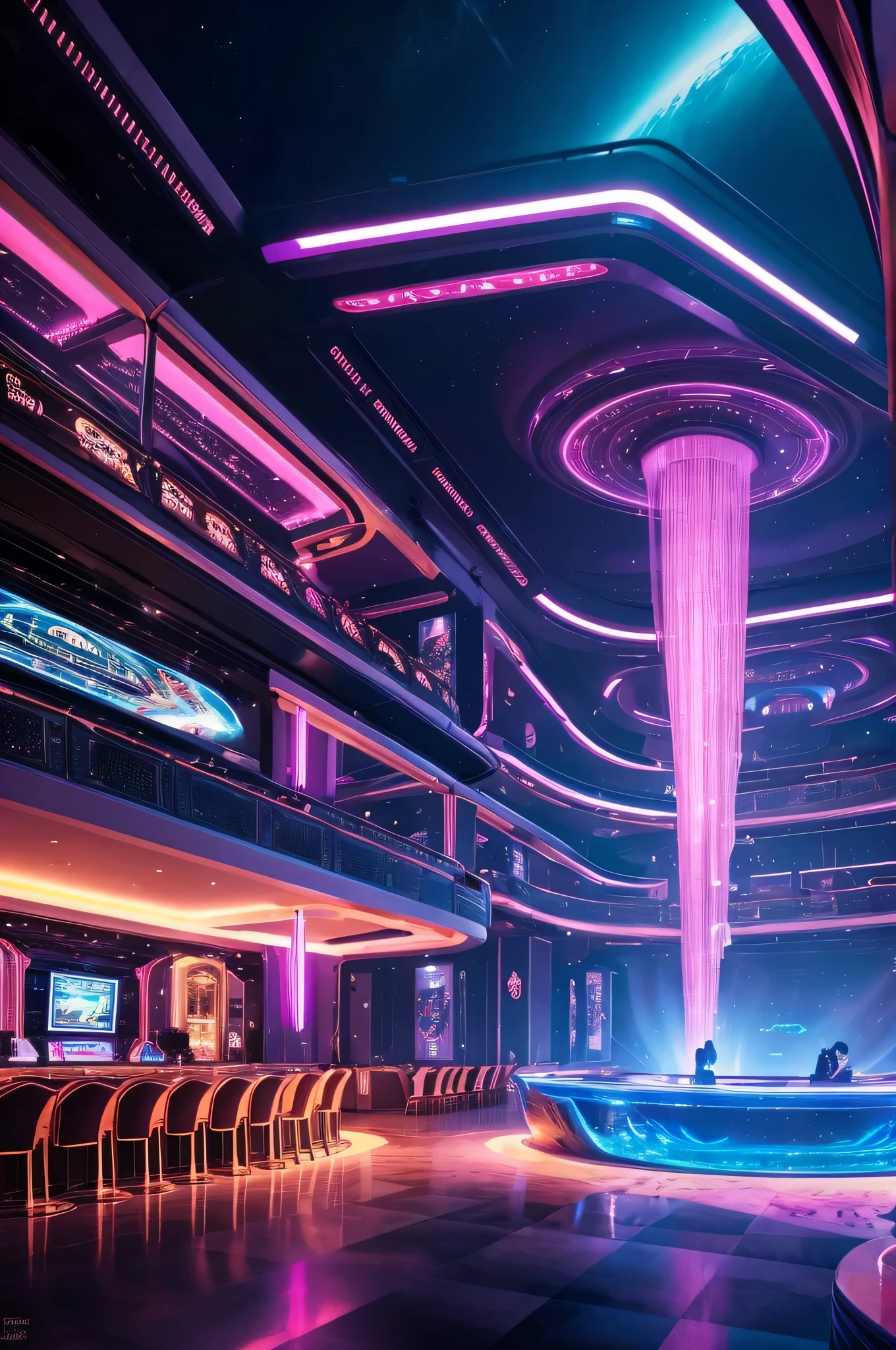 outdoor visually stunning and detailed concept art of a futuristic nightclub perched on the edge of a cliff on a different planet with a Mediterranean climate and pink sunset. Show the unique architectural design of the nightclub, blending sleek futuristic elements with the natural surroundings of the cliff. Use vibrant colors and lighting to highlight the luxurious atmosphere and lively ambiance of the nightclub. Incorporate futuristic technology, such as holographic displays and advanced entertainment systems, to enhance the futuristic theme. Depict the vastness of space by showcasing a massive spaceship floating in the background, surrounded by stars and celestial objects. Pay attention to intricate details, such as the interior design of the nightclub, the landscape of the cliff, and the diverse alien species enjoying the casino's offerings. Overall, create an immersive and captivating concept art that transports viewers to a futuristic and exotic casino setting.
