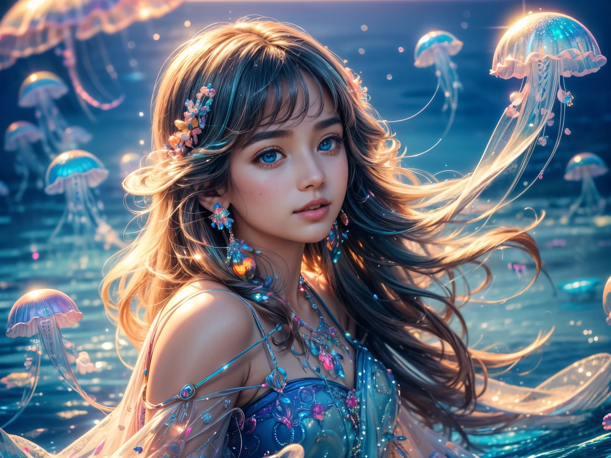 (best quality,highres:1.2),ultra-detailed,realistic,portrait,beautiful detailed eyes,beautiful detailed lips,A girl playing with rainbow jellyfishes,rainbow jellyfishes,soft glowing colors,vibrant and lively background,clear blue sky,sparkling water,joyful atmosphere,dainty dress,floating jellyfishes,subtle reflections,playful and curious expression,a magical moment