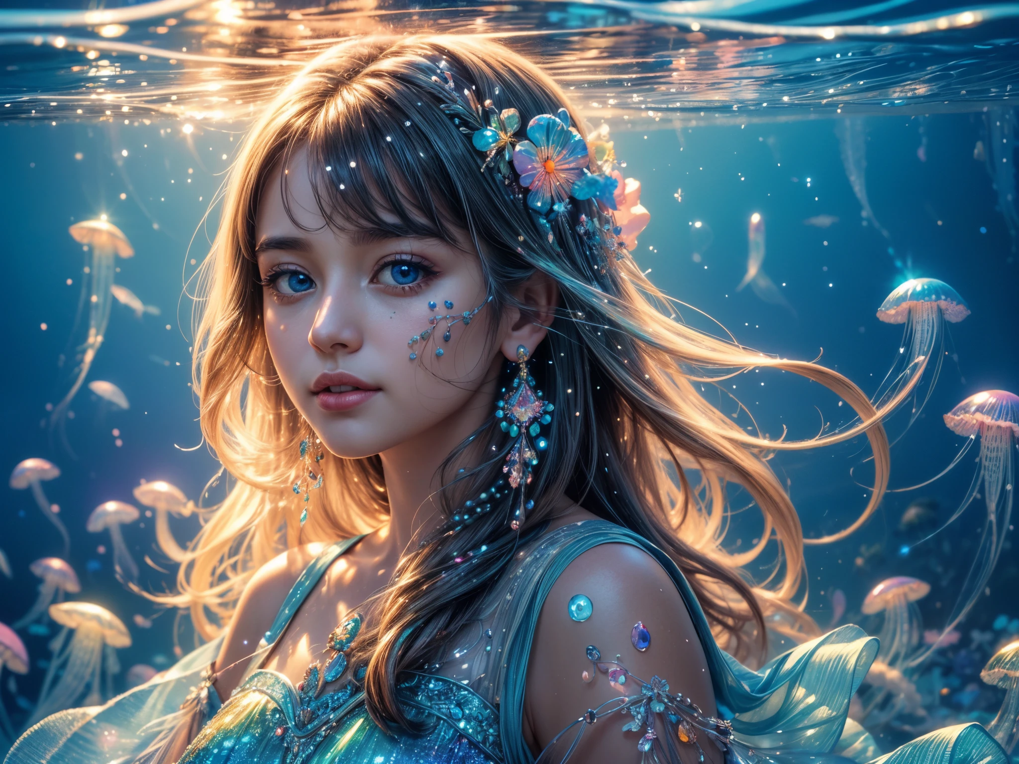 (best quality,highres:1.2),ultra-detailed,realistic,portrait,beautiful detailed eyes,beautiful detailed lips,A girl playing with rainbow jellyfishes,rainbow jellyfishes,soft glowing colors,vibrant and lively background,clear blue sky,sparkling water,joyful atmosphere,dainty dress,floating jellyfishes,subtle reflections,playful and curious expression,a magical moment