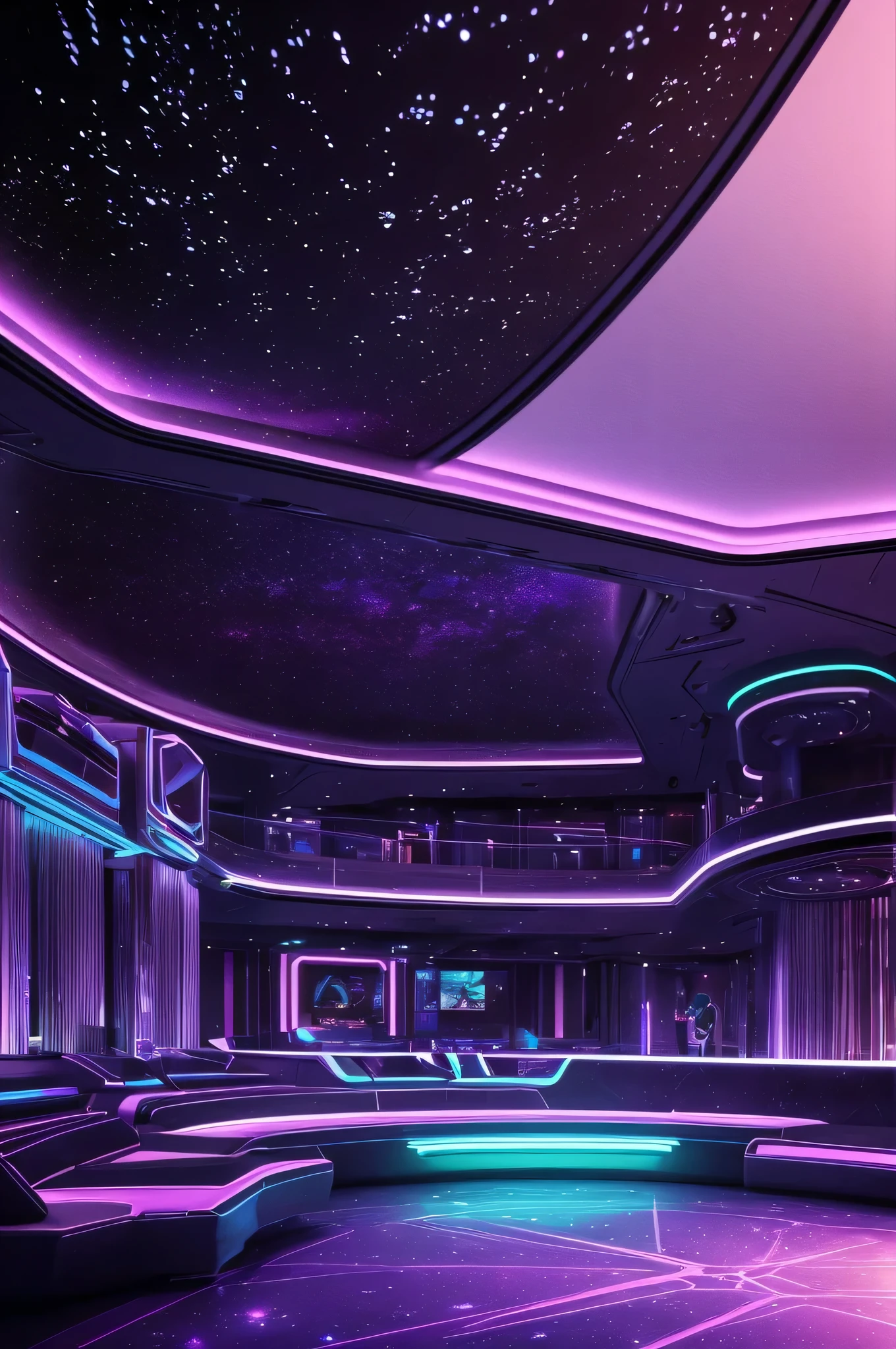 outdoor visually stunning and detailed concept art of a futuristic nightclub perched on the edge of a cliff on a different planet with a Mediterranean climate and pink sunset. Show the unique architectural design of the nightclub, blending sleek futuristic elements with the natural surroundings of the cliff. Use vibrant purple and green colors and lighting to highlight the luxurious atmosphere and lively ambiance of the nightclub. Incorporate futuristic technology, such as holographic displays and advanced entertainment systems, to enhance the futuristic theme. Depict the vastness of space by showcasing a massive spaceship floating in the background, surrounded by stars and celestial objects. Pay attention to intricate details, such as the interior design of the nightclub, the landscape of the cliff, and the diverse alien species enjoying the nightclub's offerings. Overall, create an immersive and captivating concept art that transports viewers to a futuristic and exotic nightclub setting.