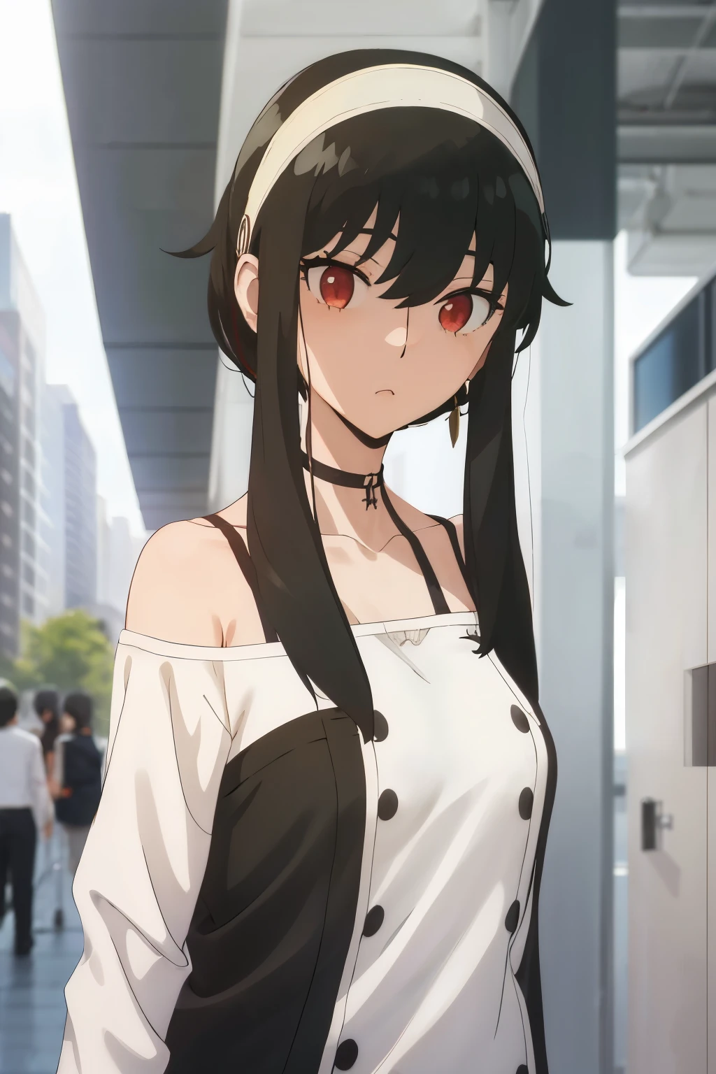 upper body, yor, 1girl, solo, collarbone, black hair, red eyes, black hair, short hair, short hair with long locks, bangs, sidelocks, white hairband, looking at viewer, traveling, big city from far, travel clothes, sweet