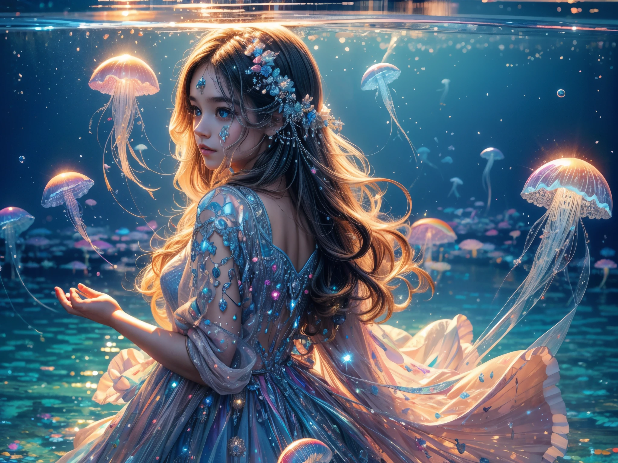 (best quality,highres:1.2),ultra-detailed,realistic,portrait,beautiful detailed eyes,beautiful detailed lips,A girl playing with rainbow jellyfishes,rainbow jellyfishes,soft glowing colors,vibrant and lively background,clear blue sky,sparkling water,joyful atmosphere,dainty dress,floating jellyfishes,subtle reflections,playful and curious expression,a magical moment