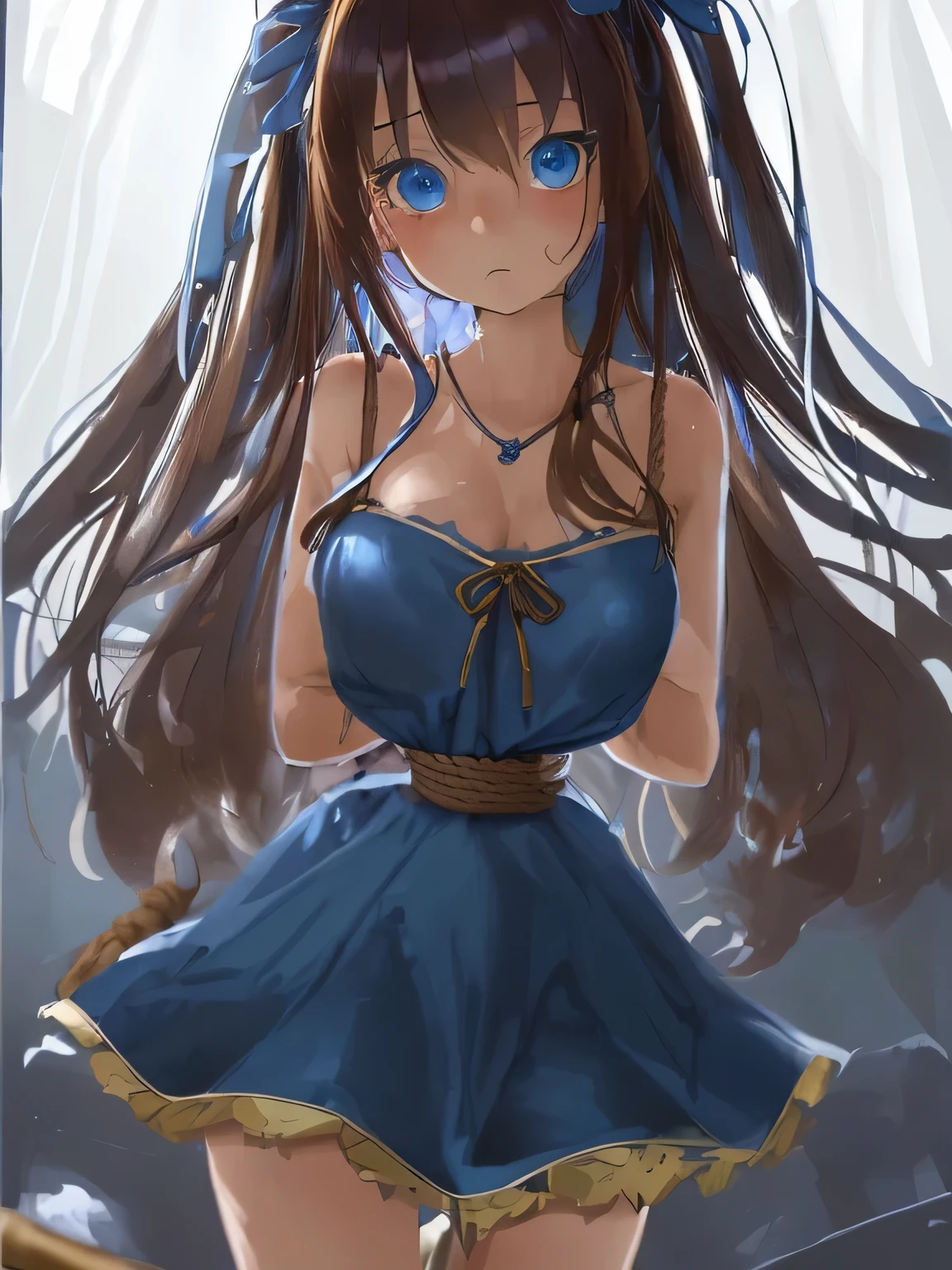 ((masterpiece)), ((highest quality)), (super detailed), torture chamber,(((Waist bound tightly with rope))),pretty girl, 1 girl, alone,Blue One Piece Dress,beautiful brown hair, (beautiful blue eyes), long hair, expression of agony