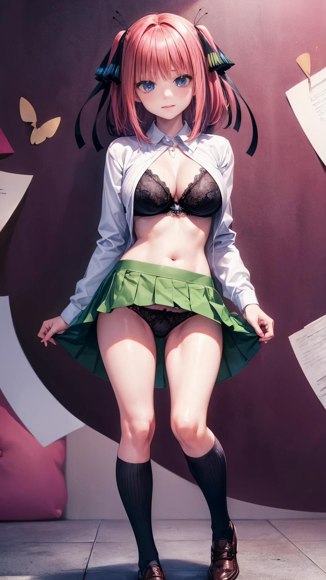 highest quality、one girl、、full body figure，big boobs、big 、perfect five fingered hand、Nino Nakano、shy face、perfect thing、big breasts、perfect arms、perfect legs、detailed description、small details、detailed face、white skin、plump leg-shaped spread legs、black lace panties、I can see your panties、Skirt flip、lift skirt、nino nakano, short hair, bangs, blue eyes, hair ornament, hair ribbon, pink hair, blunt bangs, two side up, butterfly hair ornament,skirt, shirt, long sleeves, white shirt, pleated skirt, open clothes, collared shirt, sleeves past wrists, dress shirt, green skirt, open shirt,white thighs socks、erotic pose、black underwear、black bra