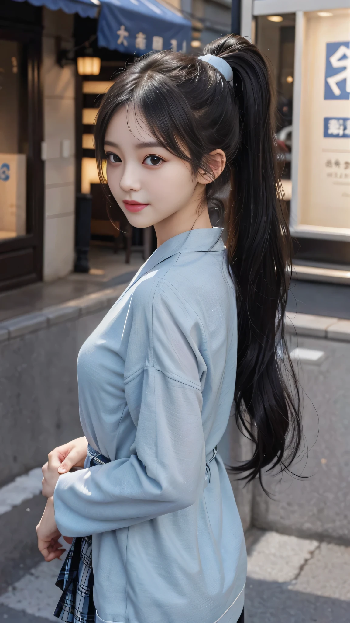 One woman,fully body photo,masutepiece, The highest image quality, High quality, the background is clear,Beautiful woman, Japanese, Detailed, Detailed eyes, Detailed skin, Beautiful skin, 超hight resolution, (reality: 1.4),Very beautiful woman, Slightly younger face, Beautiful skin, slender, (Ultra photo realsisim), (hight resolution), (8K), (Very detailed) (beautifully detailed eyes), (super detailed), (Detailed face), view the viewer, Fine details, Detailed face, Staring straight ahead, Staring straight ahead, photos realistic, Bright lighting, Professional Lighting, Black hair,poneyTail,a baby face,sixteen years old,Hairstyle is ponytail,long ponytail hairstyle,slight smile,neat and tidy clothing,Beautiful Japanese KPOP idol photo, hair style is ponytail, my eyes are double and wide, baby face, smile and look straight ahead, slender, small breasts,neat and tidy clothing,European Streets,Autumn Clothing,Plaid Clothing,