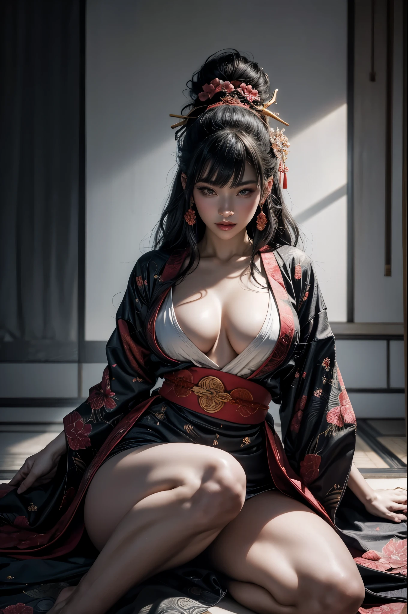 Umalinda warrior sexy, pretty face, Delicious Company, Alluring figure, Wearing a sexy open kimono. The artwork is created in a medium reminiscent of Japanese ink paintings....., 具有大胆的笔触和Monochromatic color palette. artist'Masterful technique reveals the intensity and power of the image'sense of presence,with the highest quality, Perfectly capture every detail with ultra-high resolution. Textures and intricate patterns on kimonos are rendered with extreme precision. Lighting is carefully designed,Enhance drama, Features deep shadows and subtle highlights. General, The artwork exudes elegance and power, Combining traditional Japanese aesthetics with a modern feel. Monochromatic color palette, Combine details, Create captivating and immersive experiences for your audience.