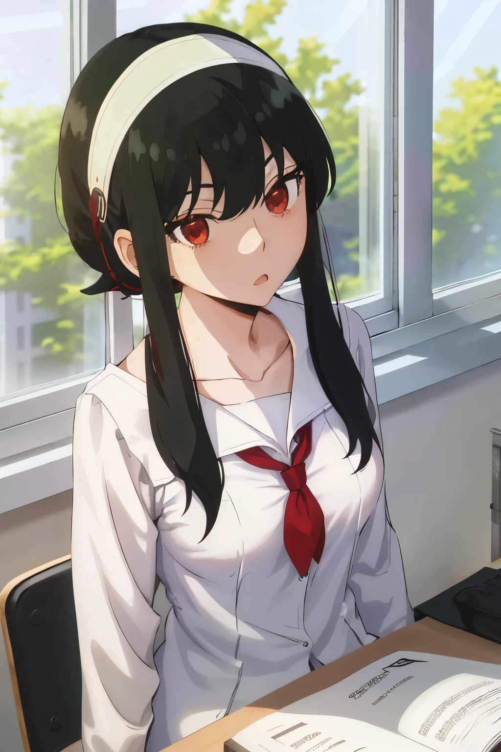 upper body, yor, 1girl, solo, collarbone, black hair, red eyes, black hair, short hair, short hair with long locks, bangs, sidelocks, white hairband, looking at window, sitting in classroom, school uniform, desk, books, window, (camera from outside window)