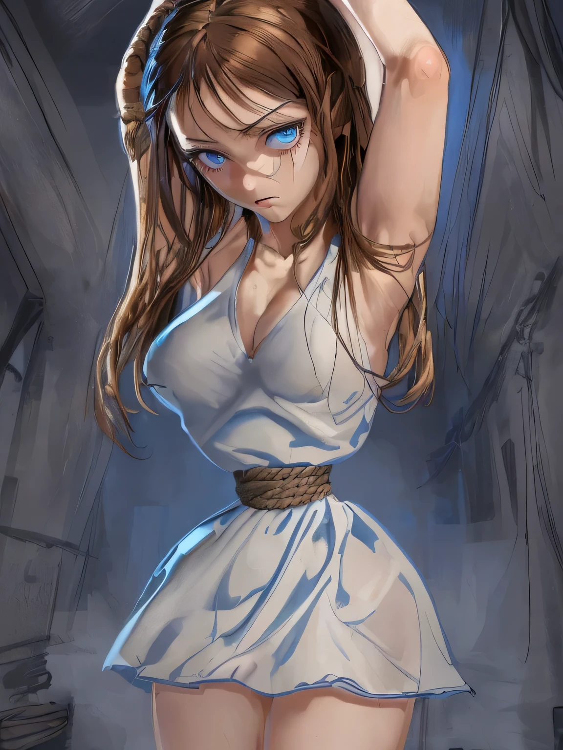 ((masterpiece)), ((highest quality)), (super detailed), torture chamber,(((Waist bound tightly with rope))),pretty girl, 1 girl, alone,white tank top one piece dress,beautiful brown hair, (beautiful blue eyes), long hair, expression of agony