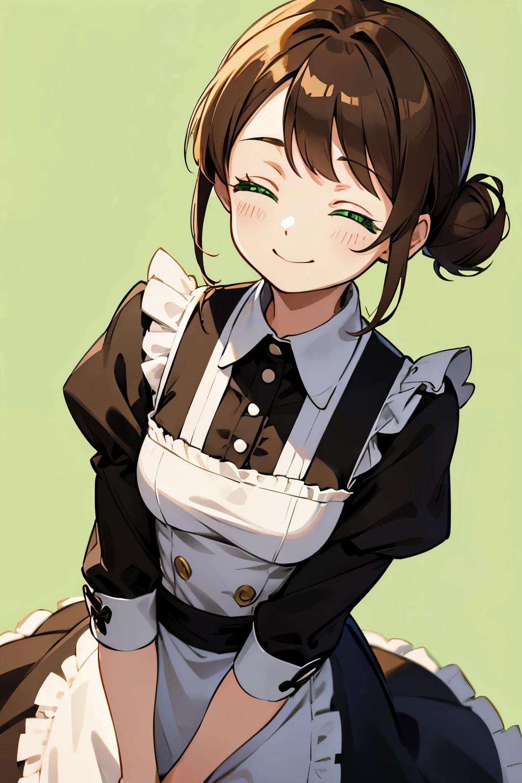 Anime maid, hair in bun, brown hair, green eyes, smile, eyes closed