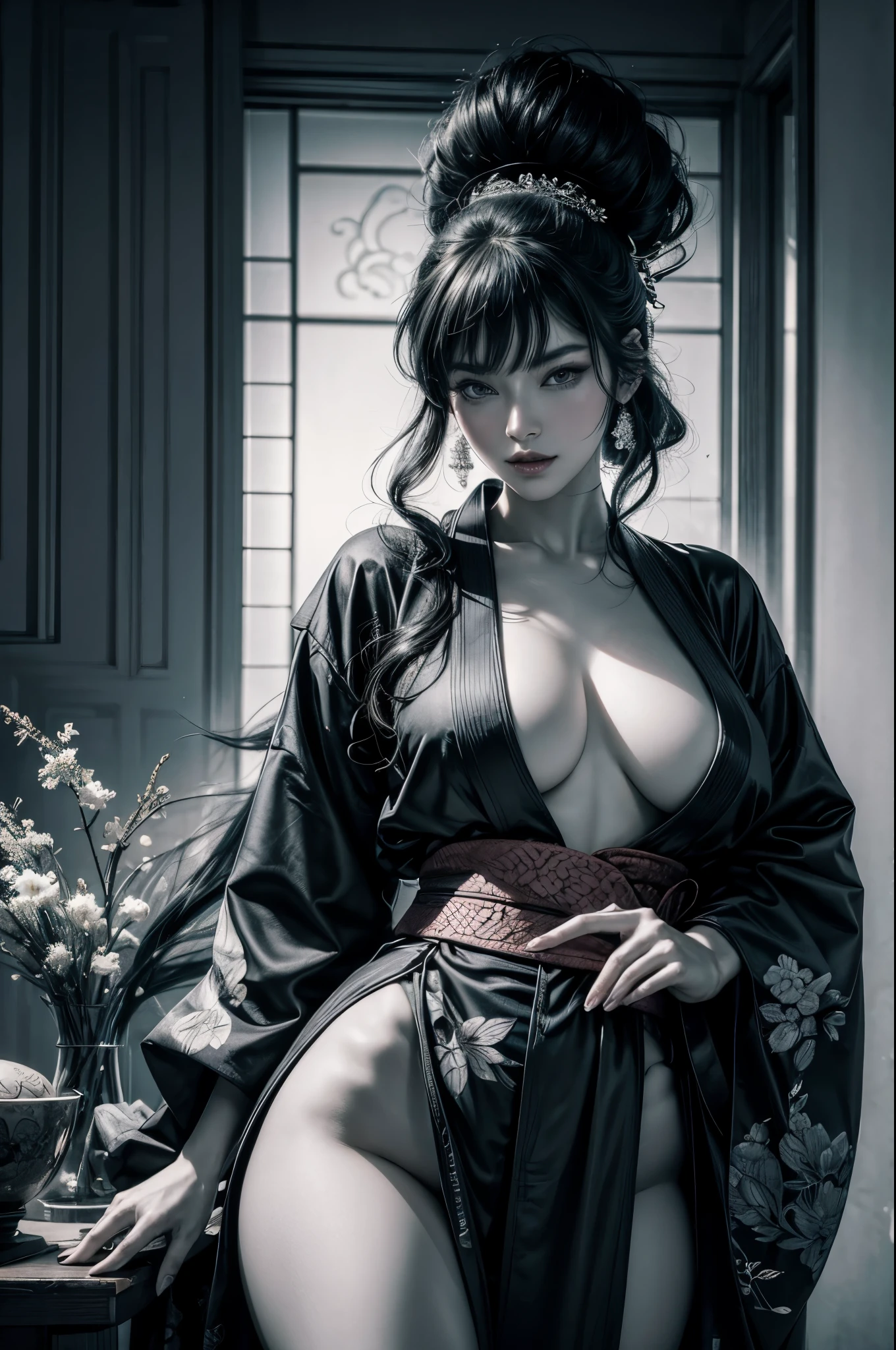 Umalinda warrior sexy, pretty face, Delicious Company, Alluring figure, Wearing a sexy open kimono. The artwork is created in a medium reminiscent of Japanese ink paintings....., 具有大胆的笔触和Monochromatic color palette. artist'Masterful technique reveals the intensity and power of the image'sense of presence,with the highest quality, Perfectly capture every detail with ultra-high resolution. Textures and intricate patterns on kimonos are rendered with extreme precision. Lighting is carefully designed,Enhance drama, Features deep shadows and subtle highlights. General, The artwork exudes elegance and power, Combining traditional Japanese aesthetics with a modern feel. Monochromatic color palette, Combine details, Create captivating and immersive experiences for your audience.