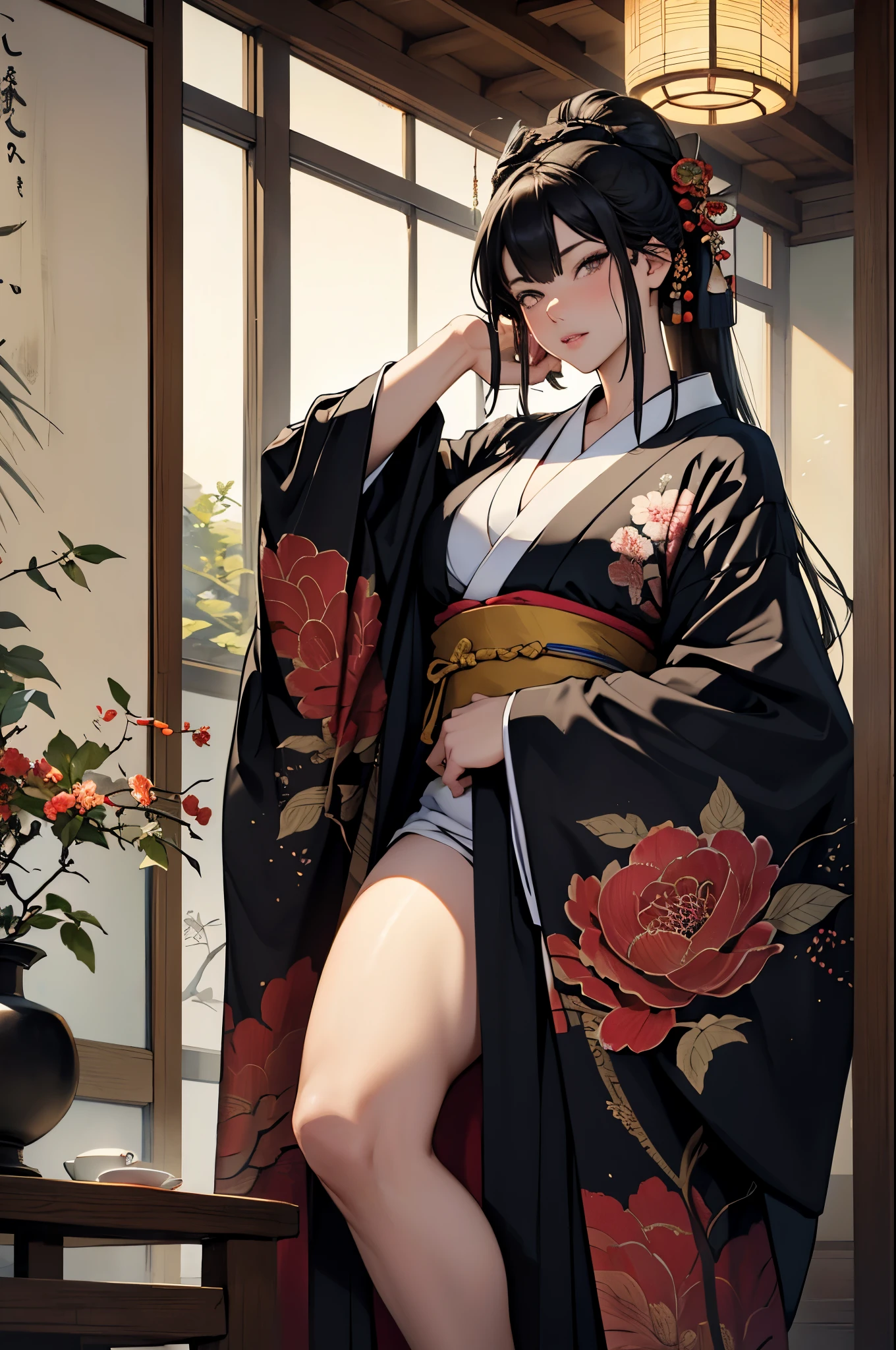 Umalinda warrior sexy, pretty face, Delicious Company, Alluring figure, Wearing a sexy open kimono. The artwork is created in a medium reminiscent of Japanese ink paintings....., 具有大胆的笔触和Monochromatic color palette. artist'Masterful technique reveals the intensity and power of the image'sense of presence,with the highest quality, Perfectly capture every detail with ultra-high resolution. Textures and intricate patterns on kimonos are rendered with extreme precision. Lighting is carefully designed,Enhance drama, Features deep shadows and subtle highlights. General, The artwork exudes elegance and power, Combining traditional Japanese aesthetics with a modern feel. Monochromatic color palette, Combine details, Create captivating and immersive experiences for your audience.