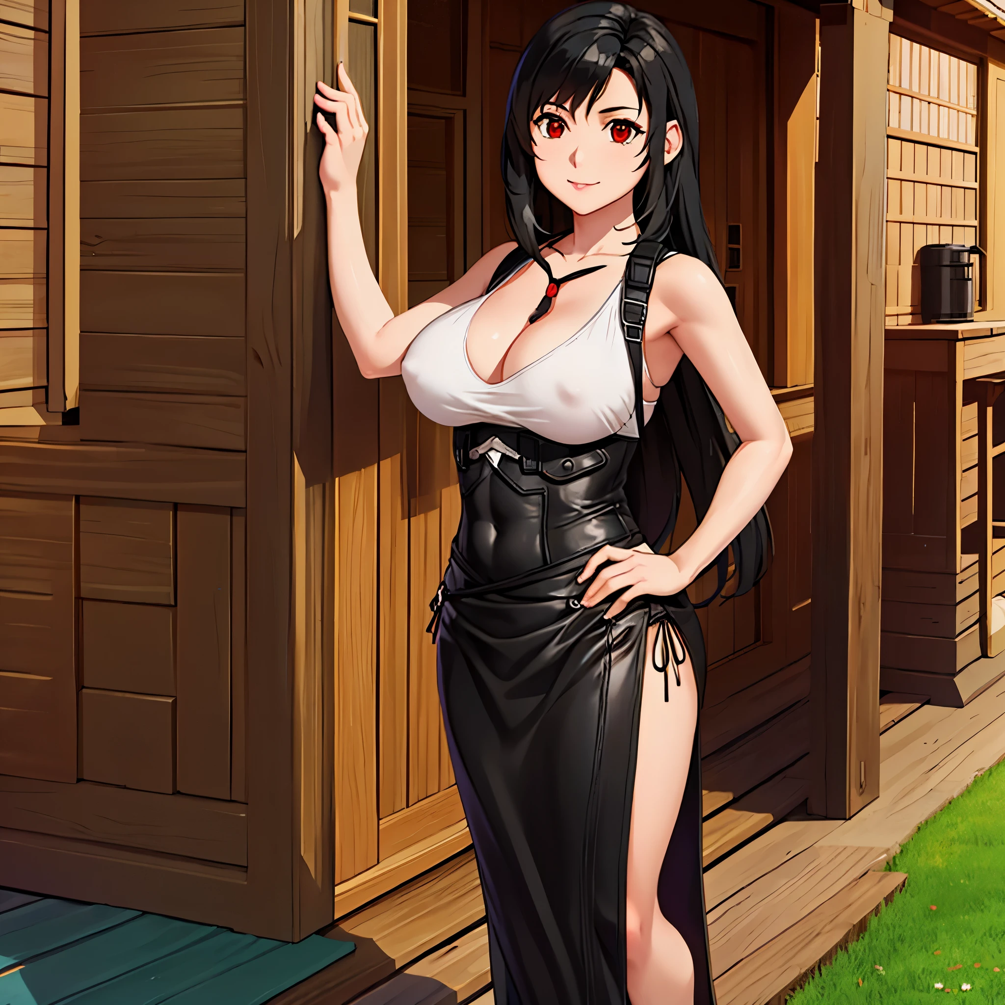 a woman wearing a Tifa Lockhart outfit, on a porch of a house, smiles, eye red