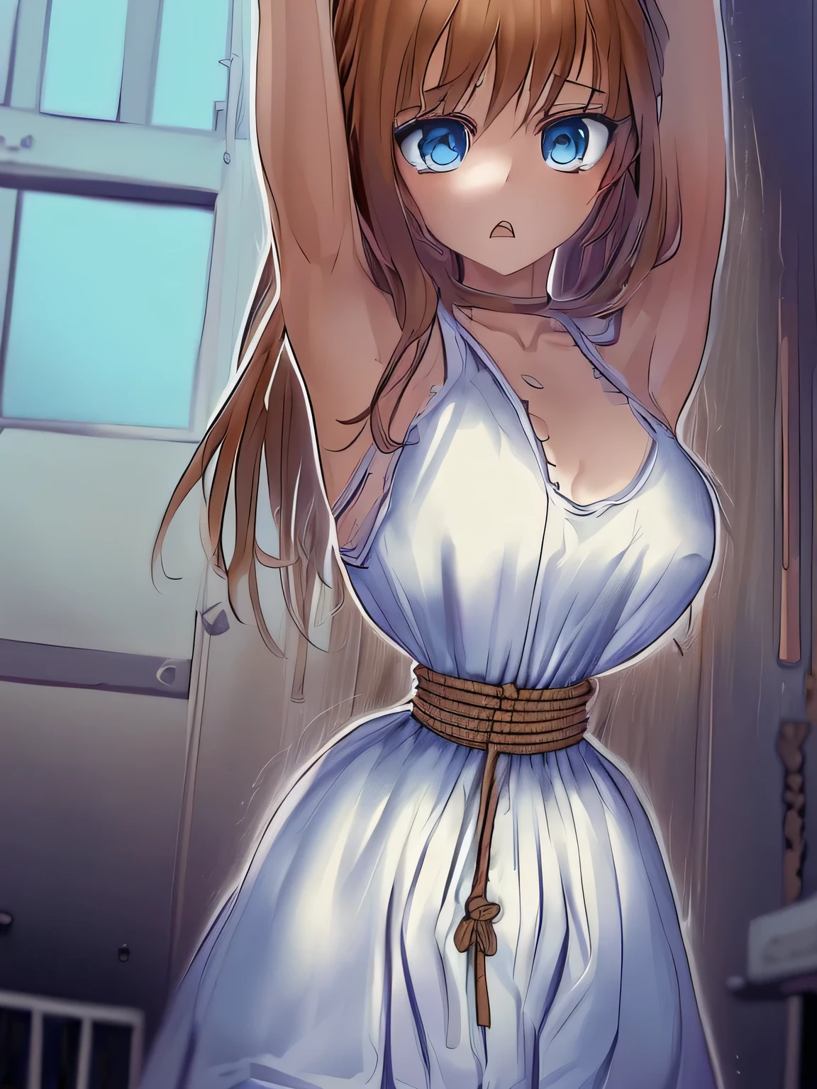 ((masterpiece)), ((highest quality)), (super detailed), torture chamber,(((Waist bound tightly with rope))),pretty girl, 1 girl, alone,white tank top one piece dress,beautiful brown hair, (beautiful blue eyes), long hair, expression of agony