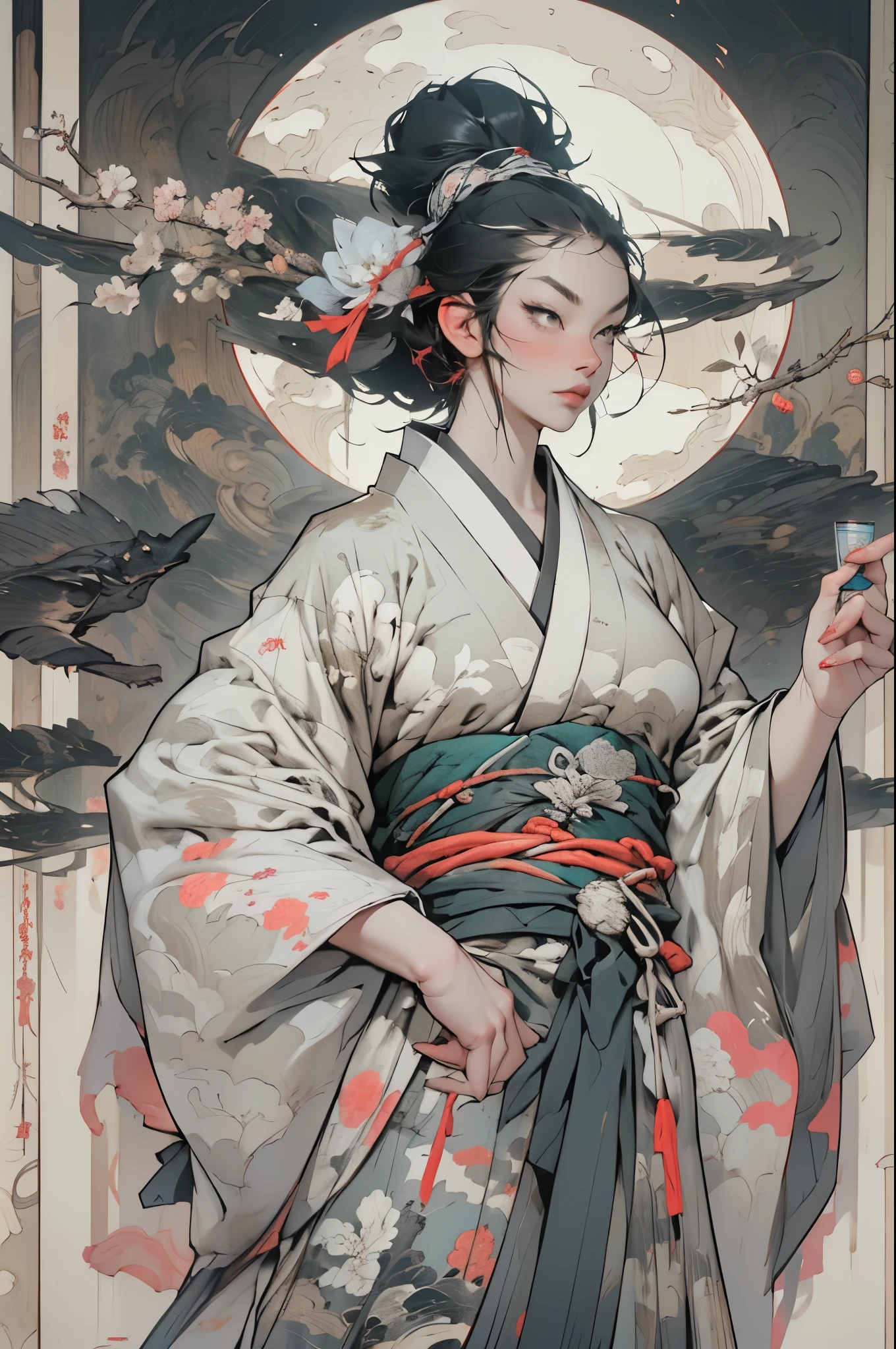 Umalinda warrior sexy, pretty face, Delicious Company, Alluring figure, Wearing a sexy open kimono. The artwork is created in a medium reminiscent of Japanese ink paintings....., 具有大胆的笔触和Monochromatic color palette. artist'Masterful technique reveals the intensity and power of the image'sense of presence,with the highest quality, Perfectly capture every detail with ultra-high resolution. Textures and intricate patterns on kimonos are rendered with extreme precision. Lighting is carefully designed,Enhance drama, Features deep shadows and subtle highlights. General, The artwork exudes elegance and power, Combining traditional Japanese aesthetics with a modern feel. Monochromatic color palette, Combine details, Create captivating and immersive experiences for your audience.