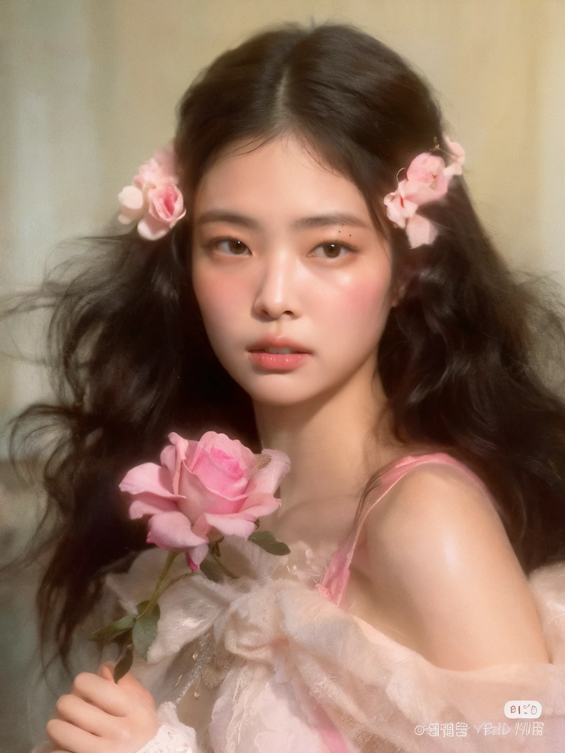 there is a painting of a girl holding a rose, inspired por Yanjun Cheng, yanjun chengt, obra de arte al estilo de guweiz, por Yanjun Cheng, guweiz, por Mei Qing, Realista. cheng yi, por Ni Tian, sha xi, por Ye Xin, aesthetic portrait, chen xintong, inspirado en Russell Dongjun Lu