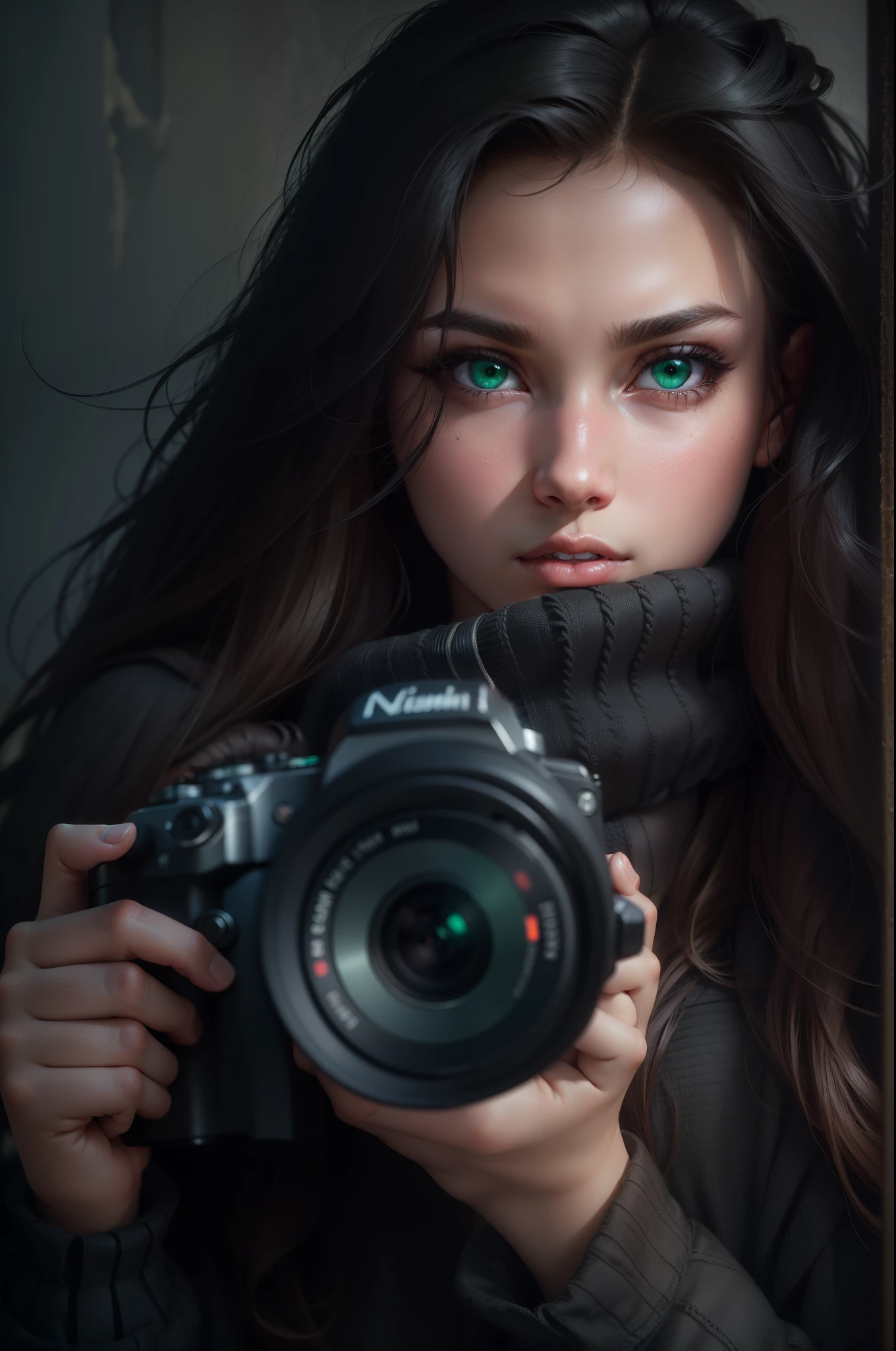 Beautiful girl photographer, dark colored hair, green colored eyes, (8K, photo in RAW format, beste-Qualit, tmasterpiece:1.2), Ultra-detailed, (high-detailed skin:1.2), 8K UHD, DSLR camera, soft-lighting, hiquality