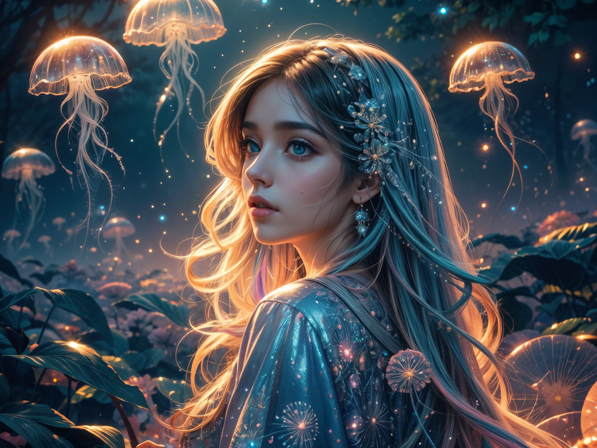 (best quality,4k,8k,highres,masterpiece:1.2), ultra-detailed, (realistic, photorealistic, photo-realistic:1.37), HDR, painting, portraits, vivid colors, sharp focus, bokeh, studio lighting,
A girl playing with rainbow jellyfishes in the vast universe. The girl has beautiful detailed eyes, lips, and an expression of awe. She is mesmerized by the glowing jellyfishes floating around her. The jellyfishes have iridescent tentacles and vibrant colors that create a whimsical atmosphere. The girl's hair gently sways with the current of stardust that fills the surroundings. The universe, with its millions of stars, serves as the backdrop, casting a soft, ethereal light on the scene. The colors are vivid and full of life, creating a dreamlike aesthetic.