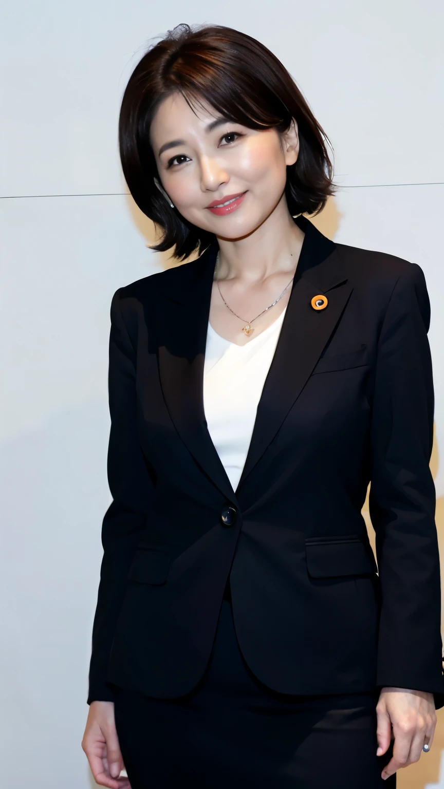 Sober, Japanese female politician, see-through business suit, skinny chest, tight skirt,