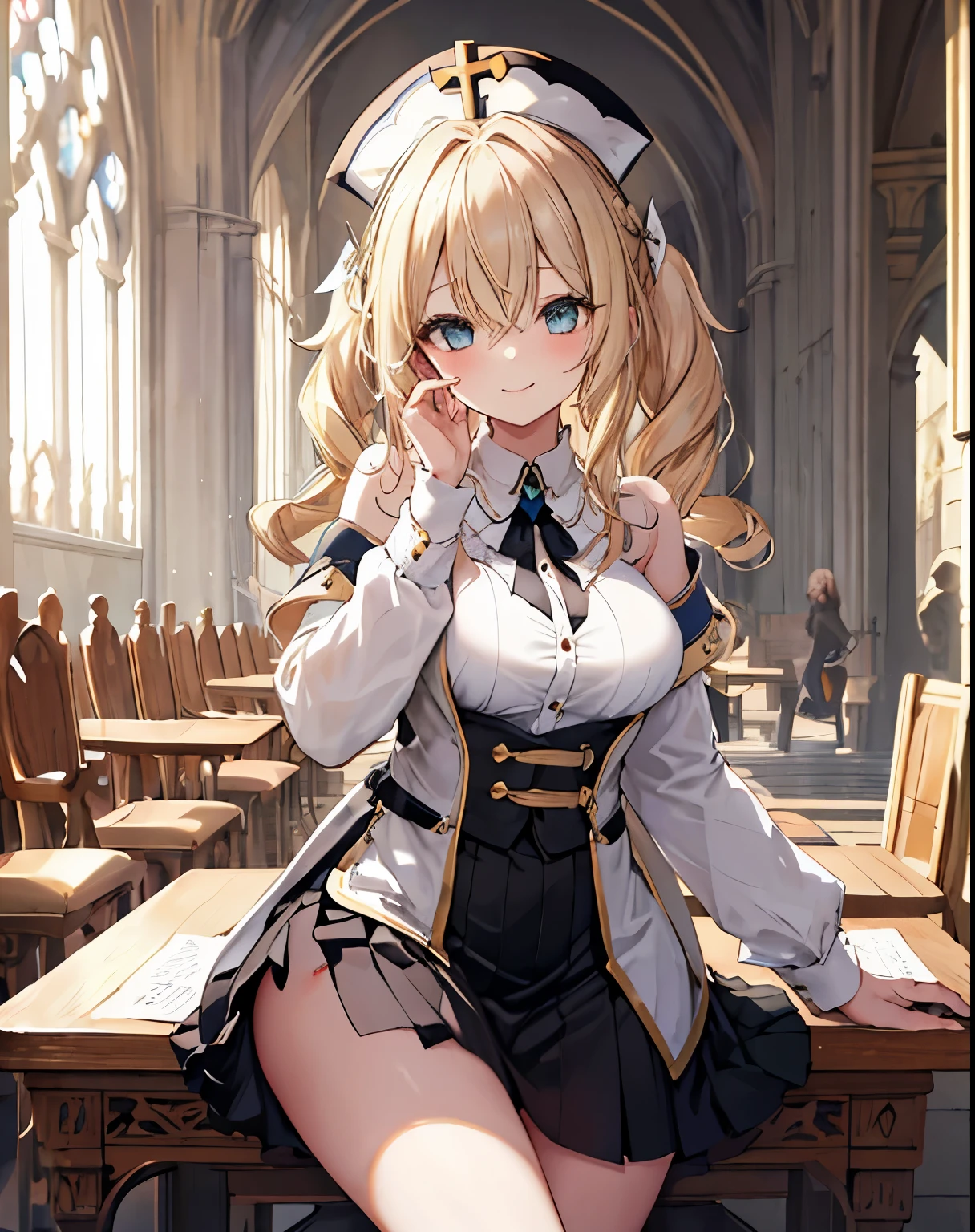 masterpiece,1girl, sparrow, a blonde haired girl, wearing a priestess uniform, curly long hair, messy hair, black skirt, slim body, big breasts, she close her left eye, shirt ornament, lolippai, naughty smile, beautiful breasts, rounded breasts, aqua eyes, dress, miniskirt, sit at cathedral sedilia chair, ahoge, barbara, cathedral, invites for sit together