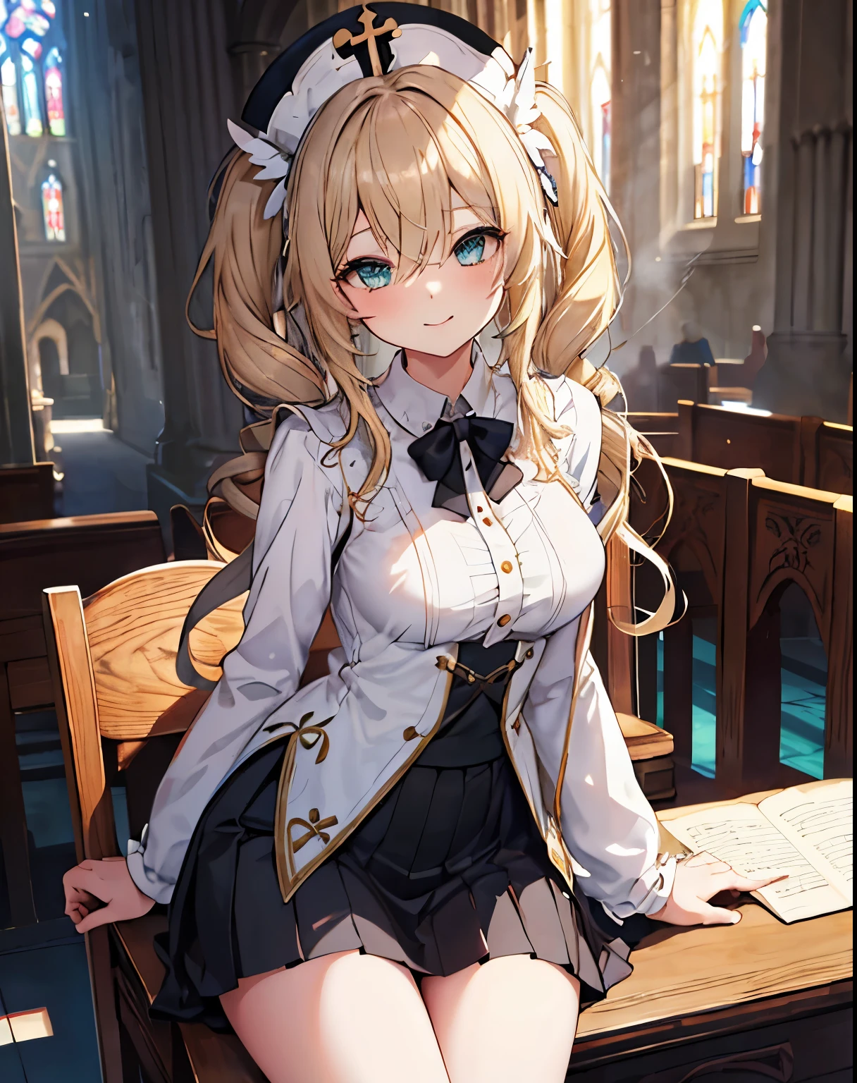 masterpiece,1girl, sparrow, a blonde haired girl, wearing a priestess uniform, curly long hair, messy hair, black skirt, slim body, big breasts, she close her left eye, shirt ornament, lolippai, naughty smile, beautiful breasts, rounded breasts, aqua eyes, dress, miniskirt, sit at cathedral congregation chair, ahoge, barbara, cathedral, invites for sit together