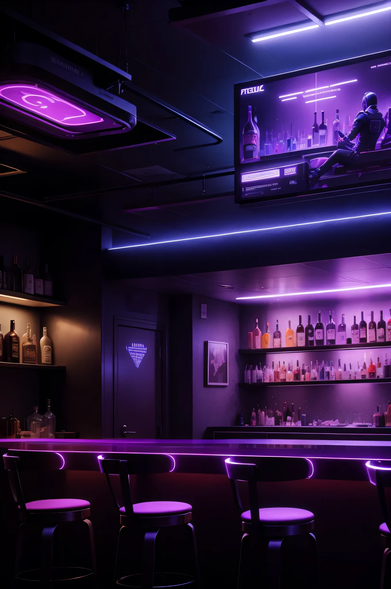 realistic cyber punk bar with purple lighting