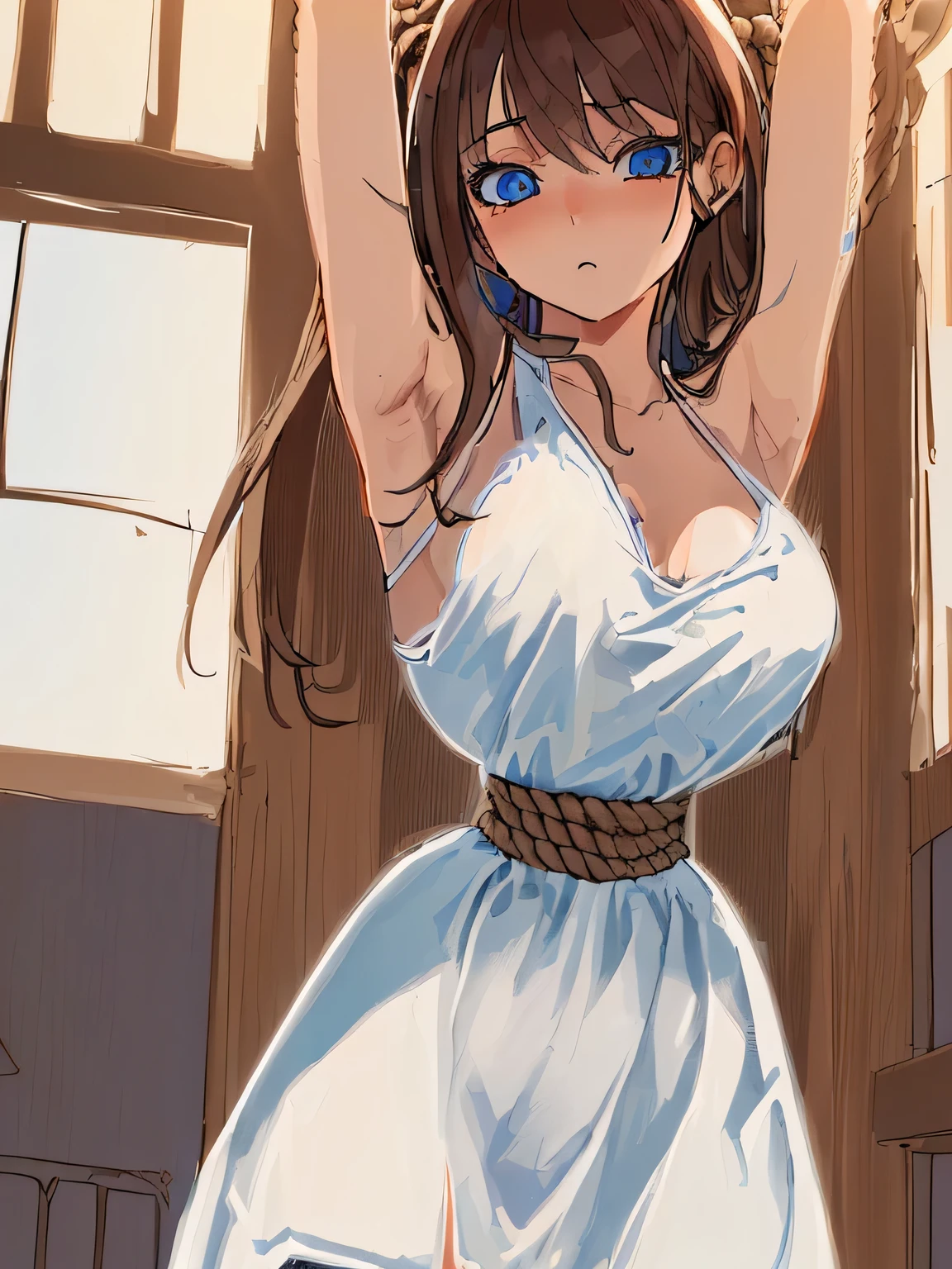 ((masterpiece)), ((highest quality)), (super detailed), torture chamber,(((Waist bound tightly with rope))),pretty girl, 1 girl, alone,white tank top one piece dress,beautiful brown hair, (beautiful blue eyes), long hair, expression of agony