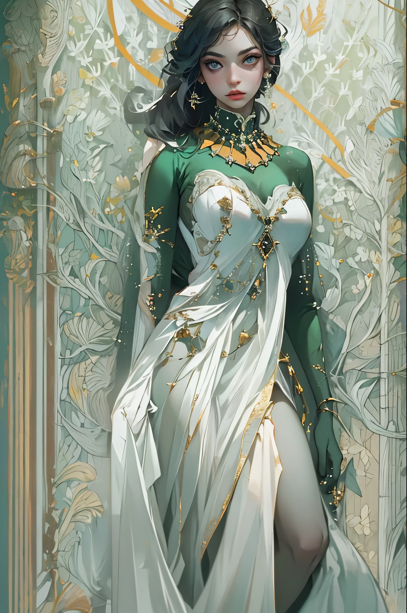 ((Masterpiece, amazing quality, incredibly detailed, high-resolution)), solitary, stunning woman, mesmerizing gaze, flawless eye, age 15, black white gold theme.