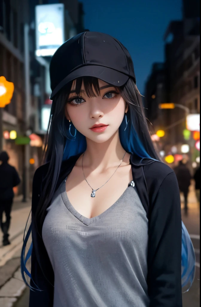 (masterpiece:1.4), (highest quality:1.4), very detailed, Complex, very detailed, (perfect face), beautiful anime girl、Black cap and blue lining、black long sweater dress、white open hoodie、tight clothes、long black hair、Blue mesh and inner color hair、cool beauty、narrow and sharp eyes、beautiful double eyelids、big cleavage、silver earrings、Cyberpunk downtown area at night、