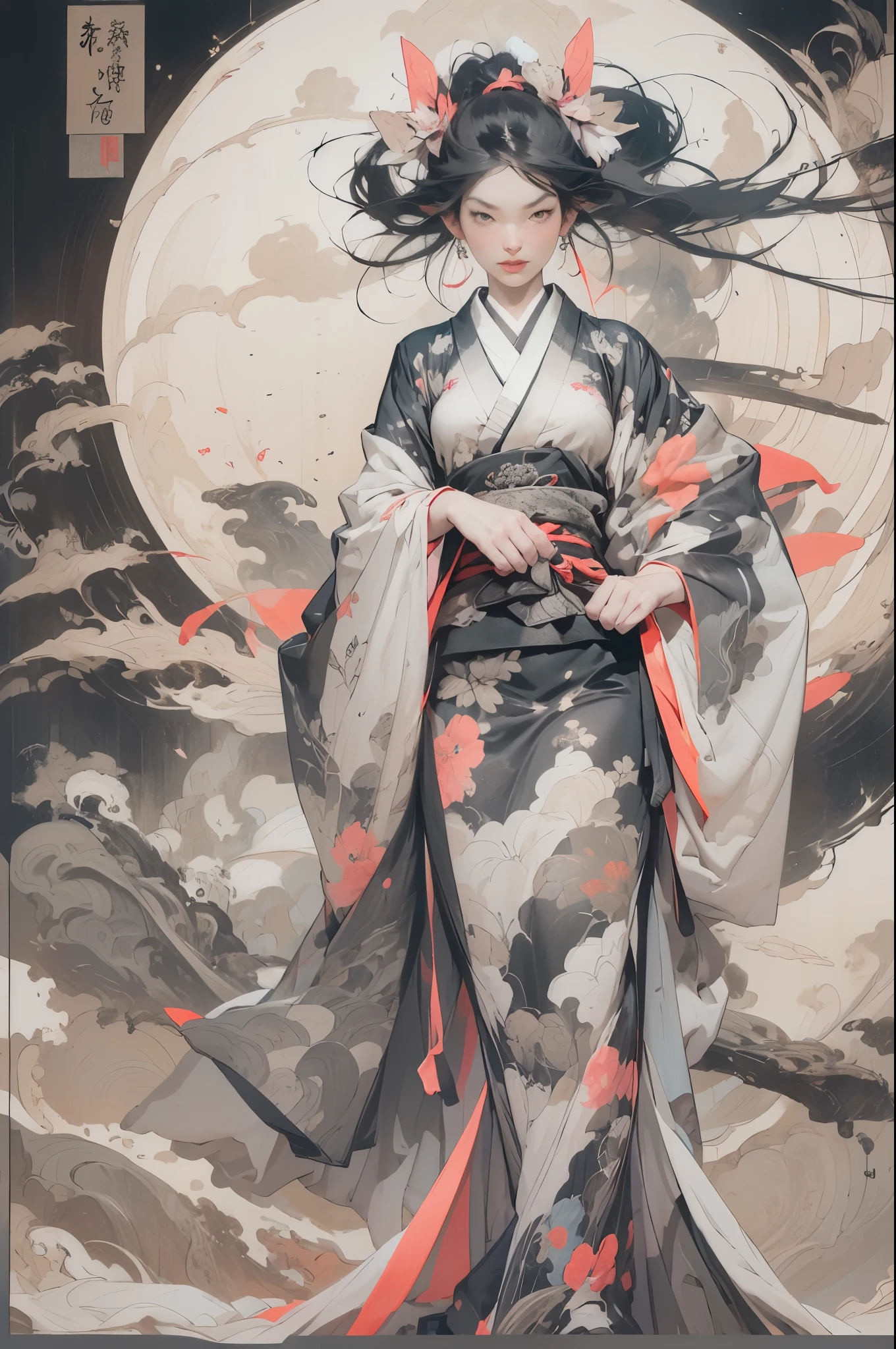Umalinda warrior sexy, pretty face, Delicious Company, Alluring figure, Wearing a sexy open kimono. The artwork is created in a medium reminiscent of Japanese ink paintings....., 具有大胆的笔触和Monochromatic color palette. artist'Masterful technique reveals the intensity and power of the image'sense of presence,with the highest quality, Perfectly capture every detail with ultra-high resolution. Textures and intricate patterns on kimonos are rendered with extreme precision. Lighting is carefully designed,Enhance drama, Features deep shadows and subtle highlights. General, The artwork exudes elegance and power, Combining traditional Japanese aesthetics with a modern feel. Monochromatic color palette, Combine details, Create captivating and immersive experiences for your audience.