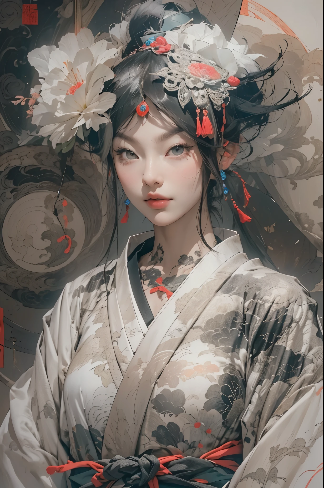 Umalinda warrior sexy, pretty face, Delicious Company, Alluring figure, Wearing a sexy open kimono. The artwork is created in a medium reminiscent of Japanese ink paintings....., 具有大胆的笔触和Monochromatic color palette. artist'Masterful technique reveals the intensity and power of the image'sense of presence,with the highest quality, Perfectly capture every detail with ultra-high resolution. Textures and intricate patterns on kimonos are rendered with extreme precision. Lighting is carefully designed,Enhance drama, Features deep shadows and subtle highlights. General, The artwork exudes elegance and power, Combining traditional Japanese aesthetics with a modern feel. Monochromatic color palette, Combine details, Create captivating and immersive experiences for your audience.