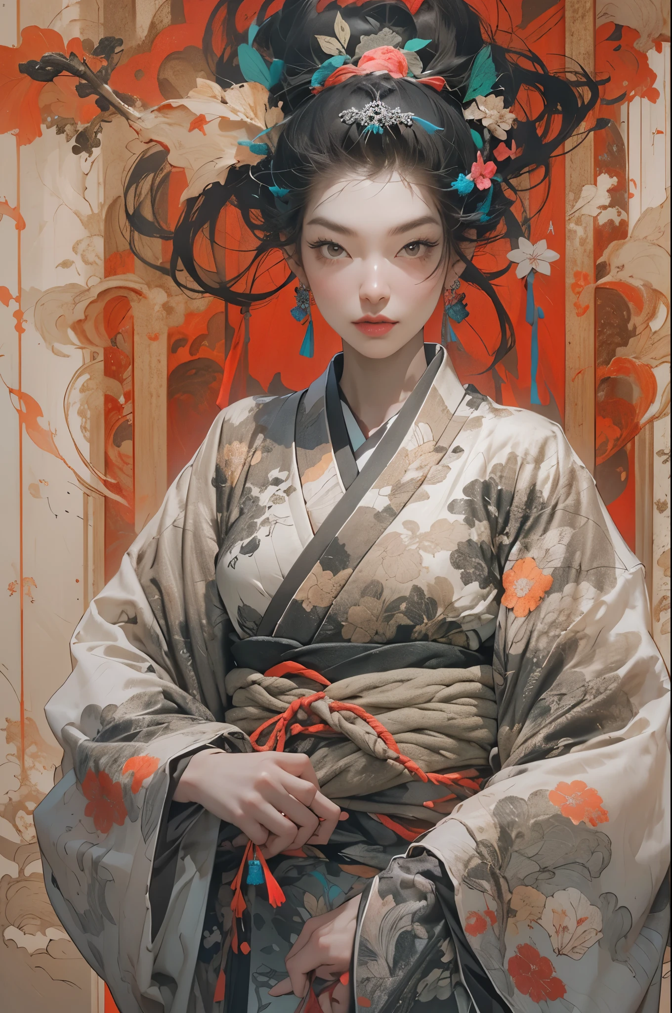 (masterpiece), (High resolution), (Very delicate), (masterpiece: 1.2, highest quality), ((pierce;Put your hands forward)), scribble, nightmare, Doll-like face, Manga style, rough sketch, Manga styleイラスト, (Horror elements), Japanese painting, whole body,(snap shot), (Spooky), Japan sculpture,old picture scroll style, old staging, Ancient mural style, crazy illustration, Dark atmosphere, Flat Illustration, Spookyな外観, A very distinctive hairstyle, disheveled blonde hair、creative accessories, Unique atmosphere、Punk Kimono、Girl punching