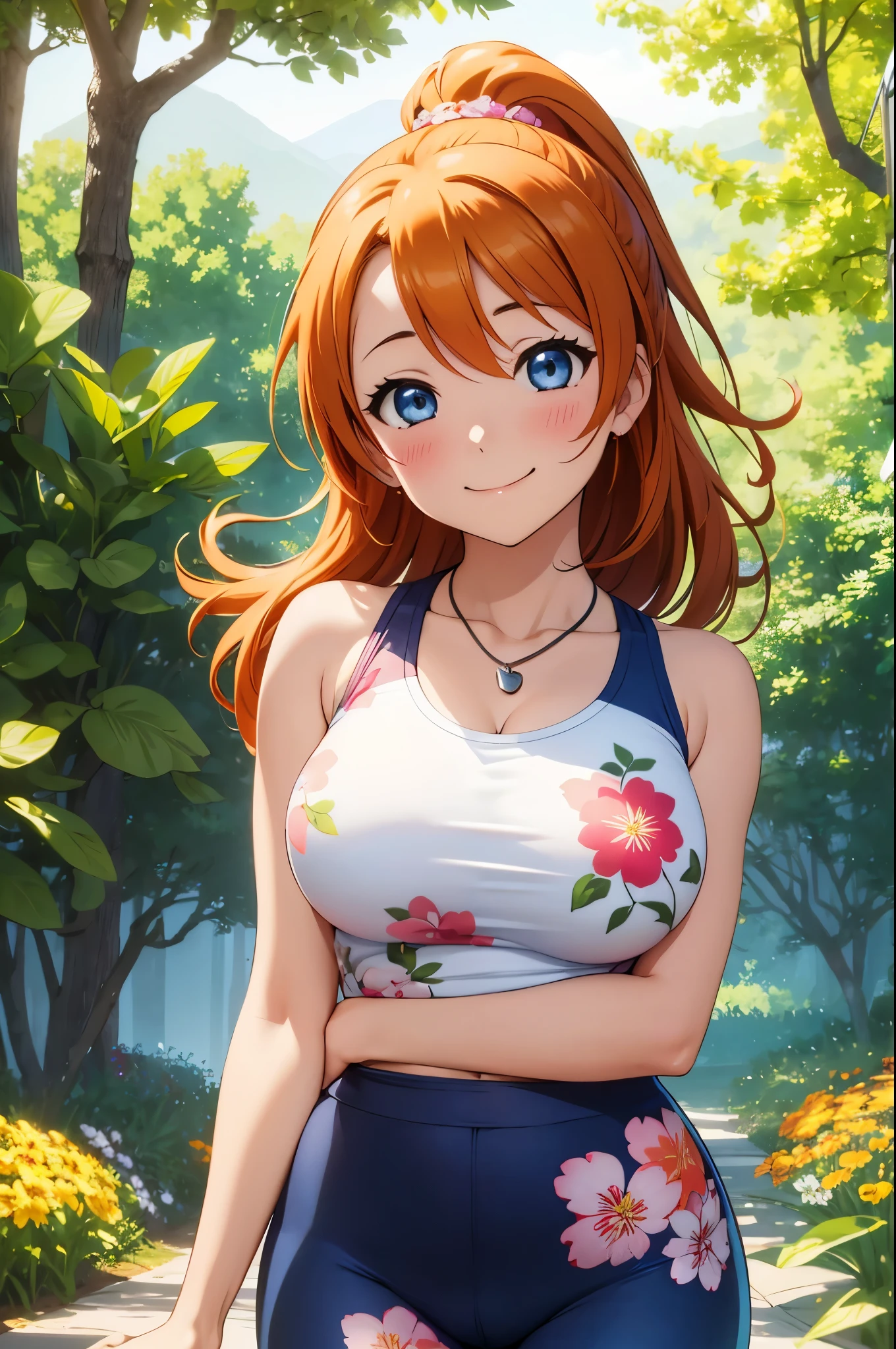 (Masterpiece, Best Quality, High Quality),(chibi), kousaka honoka, orange hair, ponytail, blue eyes, volumetric lighting, illustration, beautiful, tight , Blushing, huge breasts, looking at viewer, flowers printed tank top, yoga pants,solo, curvy body,floral print, looking to the side, confident, seductive smile, (arms behind back, head tilt:1.1), heart pendant,perfect lighting, perfect shadows, flower, (breathtaking scenery:1.1), tree, blushing