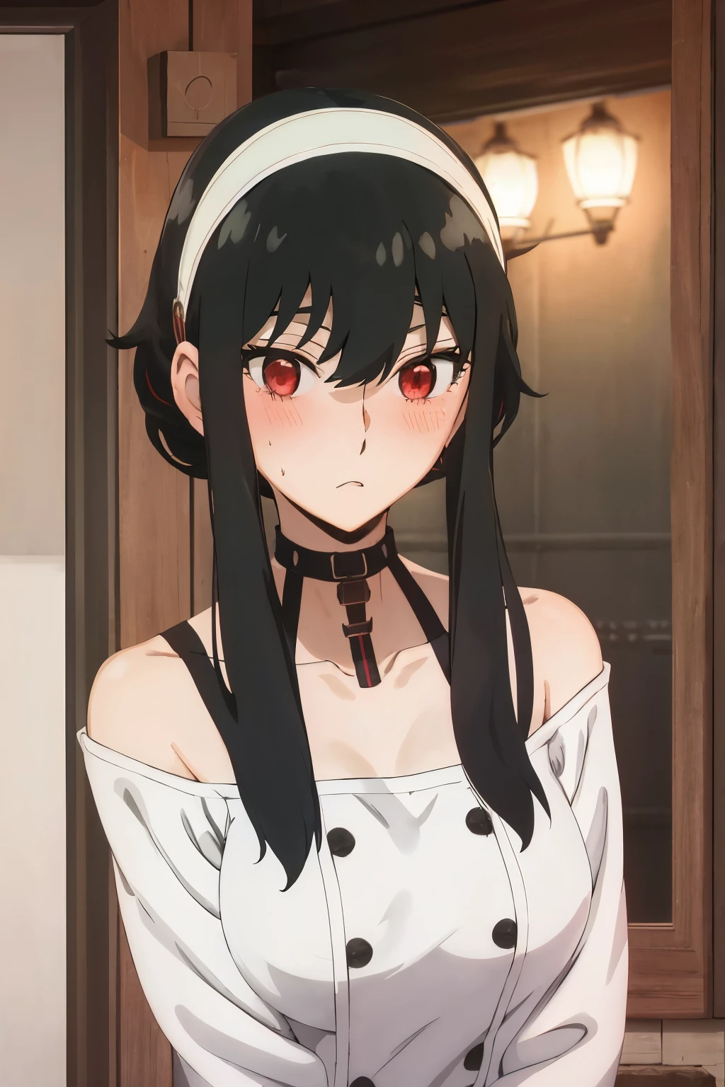 upper body, yor, 1girl, solo, collarbone, black hair, red eyes, black hair, short hair, short hair with long locks, bangs, sidelocks, white hairband, looking at viewer, evny look, jealous look, blush