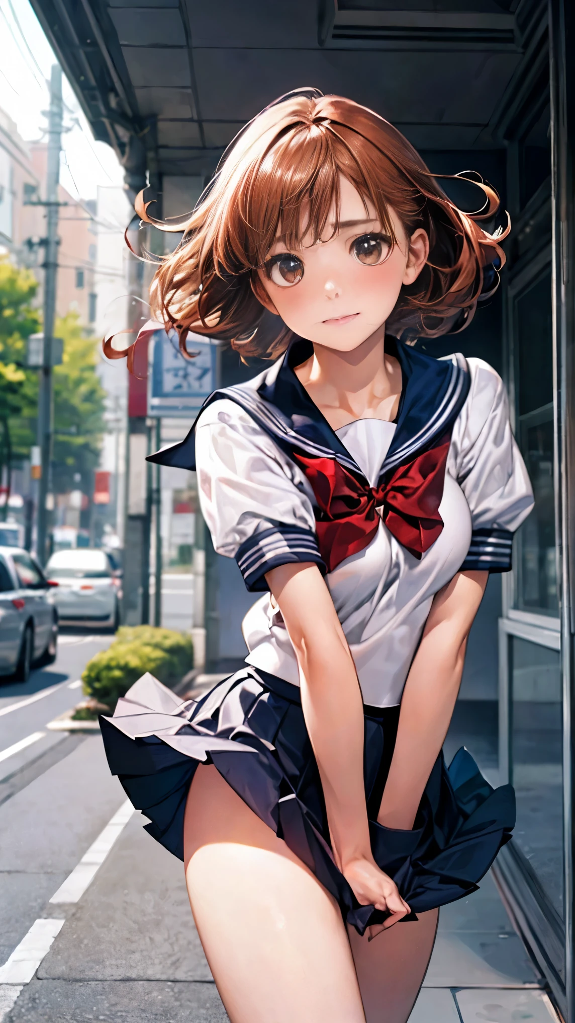 (masterpiece:1.2, highest quality), (realistic, photorealistic:1.4), beautiful illustrations, (natural side lighting, movie lighting), , 
(looking at the viewer), 1 girl, Japanese, high school girl, perfect face, Cute symmetrical face, shiny skin, , 
(short hair:1.1, messy hair:1.2, orange hair), Big eyes, gold eyes, long eyelash, (big breasts:0.6), 
beautiful hair, beautiful face, detailed and beautiful eyes, beautiful clavicle, beautiful body, beautiful breasts, beautiful thighs, beautiful feet, 
((symmetrical clothes, fine cloth texture, Cute sailor uniform with short sleeves, pleated skirt, red bow tie)), black socks, hair band,
(beautiful scenery), daytime, street, (facing the front), (impatient look, cheeks turn red, embarrassed look), (((Skirt pulling, wind lift))), 