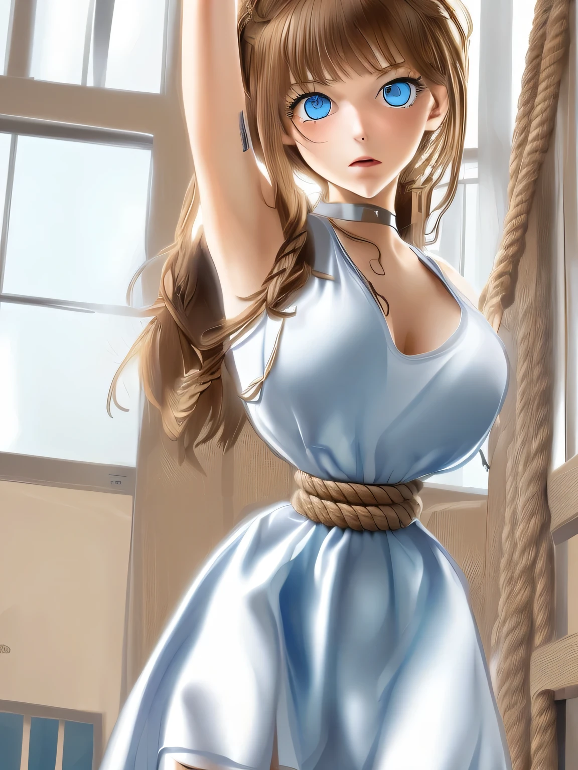 ((masterpiece)), ((highest quality)), (super detailed), torture chamber,(((Waist bound tightly with rope))),pretty girl, 1 girl, alone,white tank top one piece dress,beautiful brown hair, (beautiful blue eyes), long hair, expression of agony