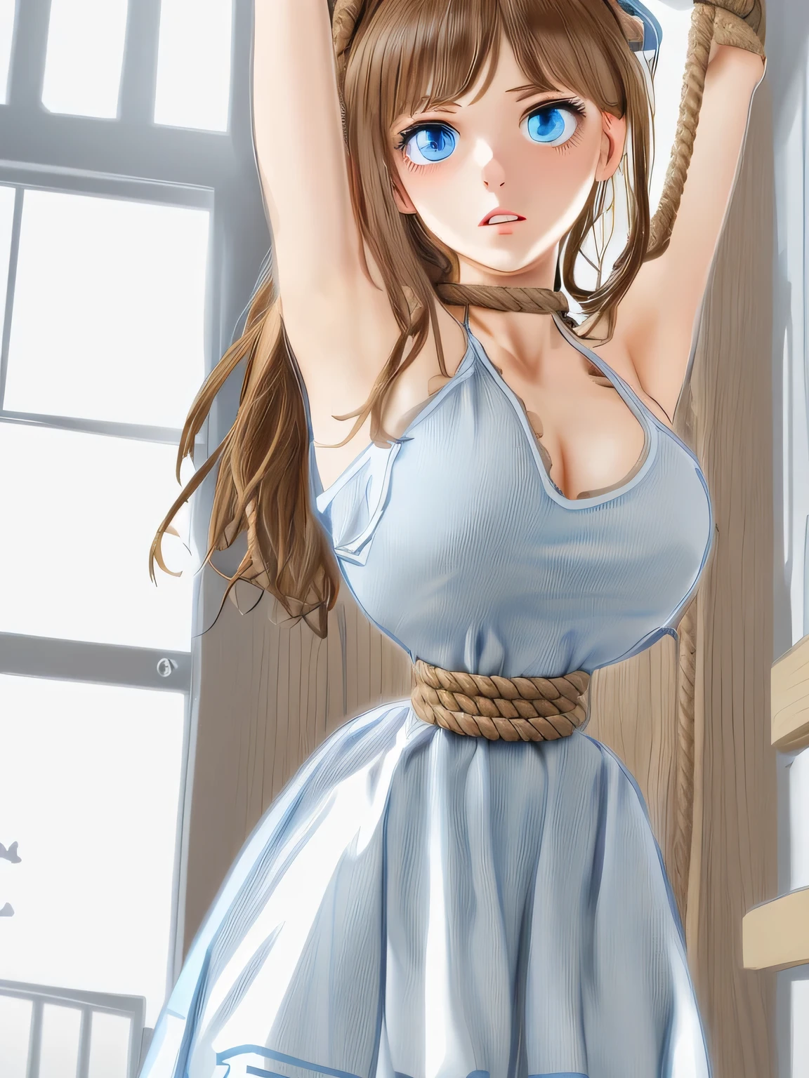 ((masterpiece)), ((highest quality)), (super detailed), torture chamber,(((Waist bound tightly with rope))),pretty girl, 1 girl, alone,white tank top one piece dress,beautiful brown hair, (beautiful blue eyes), long hair, expression of agony