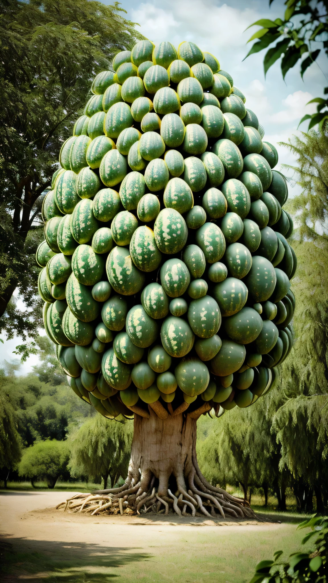 a close up of a tree with a bunch of watermelons on it, watermeloncore, watermelons, The material is!!! watermelon!!!, weird alien trees, big green tree, all growing in a huge, an alien fruit, fruit trees, watermelon, a beautiful tree, stunningly beautiful trees, stunningly beautiful trees, alien trees