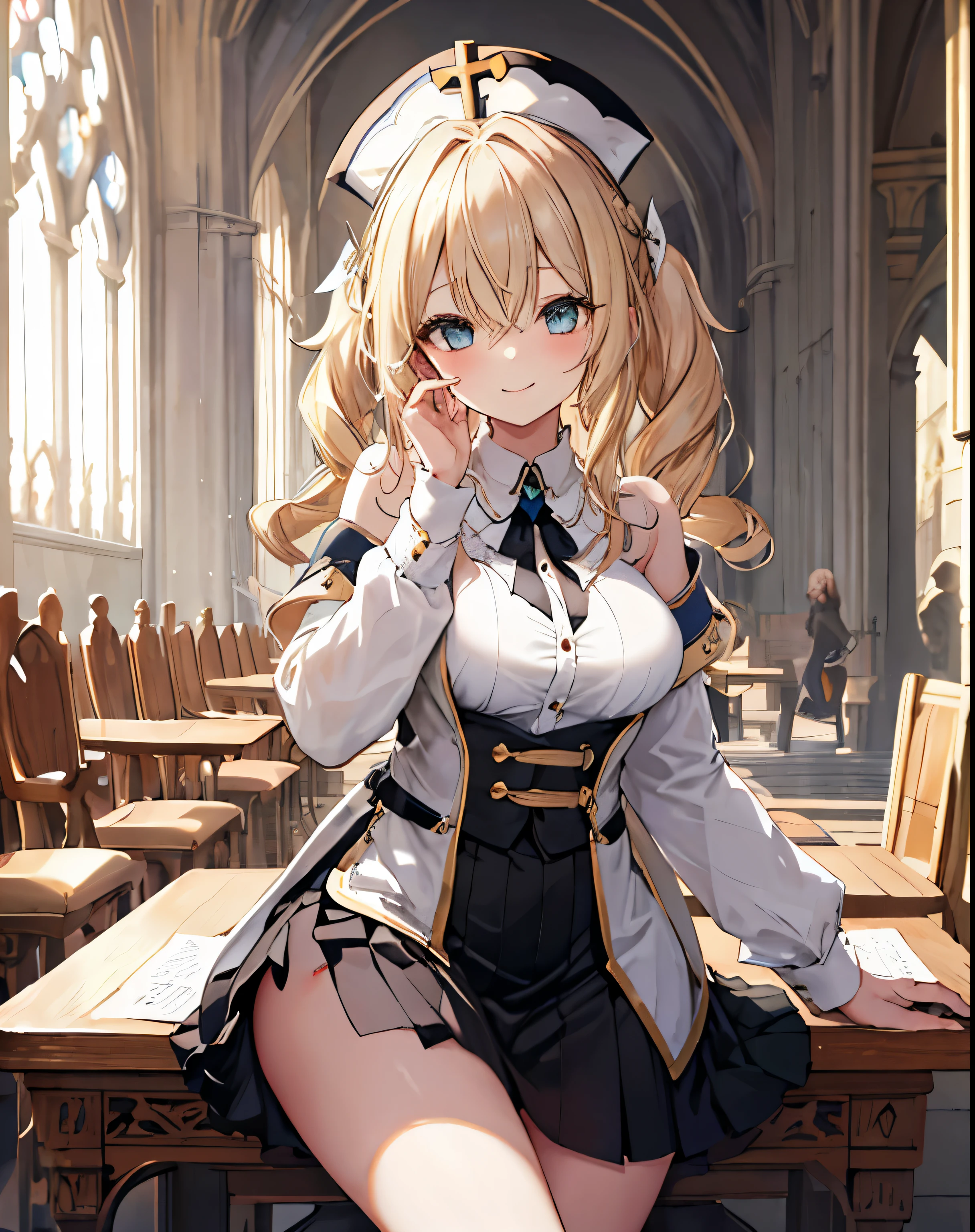 masterpiece,1girl, sparrow, a blonde haired girl, wearing a priestess uniform, curly long hair, messy hair, black skirt, slim body, big breasts, she close her left eye, shirt ornament, ****ppai, naughty smile, beautiful breasts, rounded breasts, aqua eyes, dress, miniskirt, sit at cathedral sedilia chair, ahoge, barbara, cathedral, invites for sit together