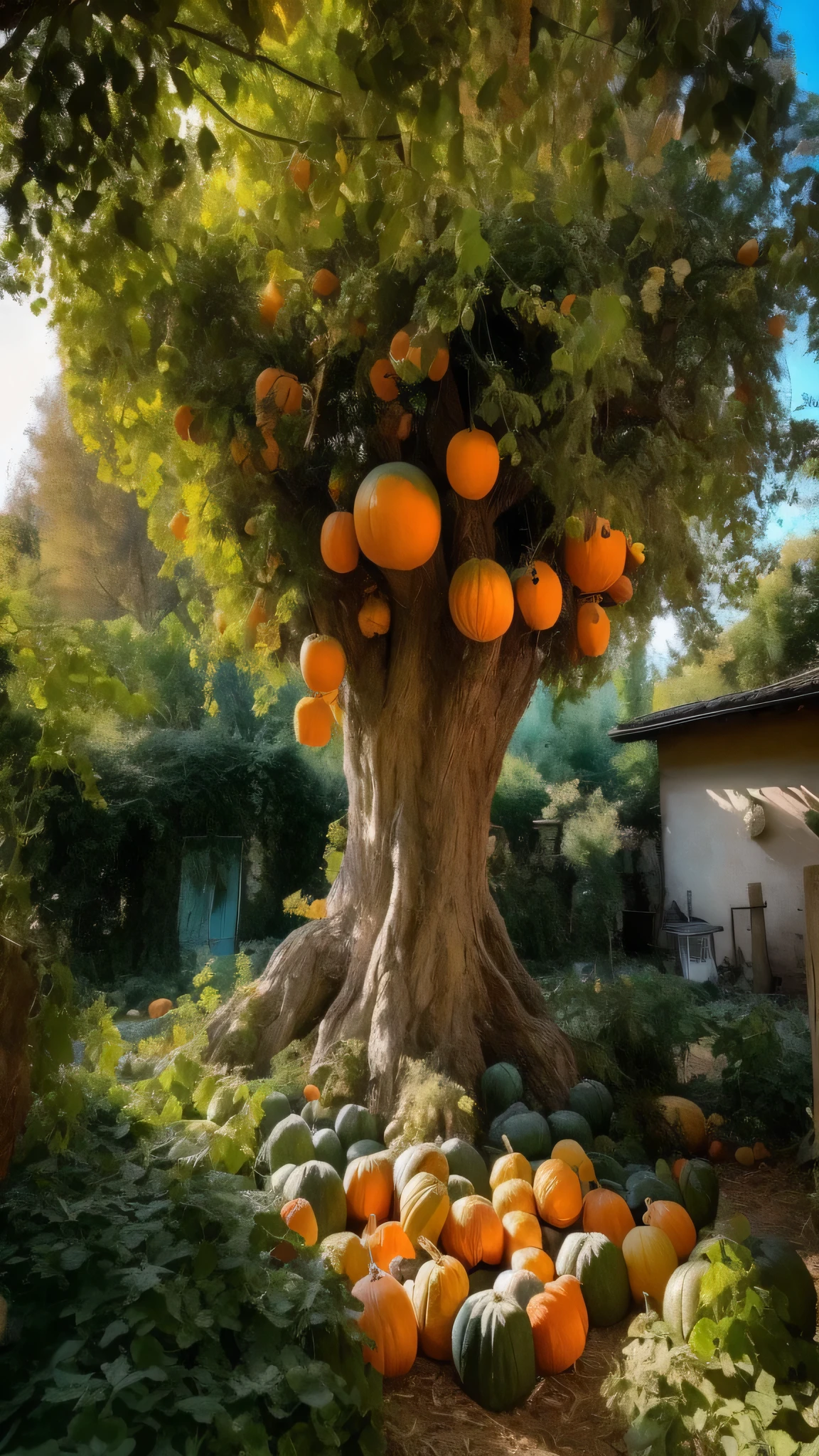 there are many pumpkin that are on the ground under a tree, glowing pumpkin under a tree, ❤🔥🍄🌪, pumpkin, stunningly beautiful trees, stunningly beautiful trees, magic tree, beautiful ancient trees, nice picture, even a garden, pumpkin地, autumn, magical scene, 8k)), author:Carl Hofer, a beautiful tree